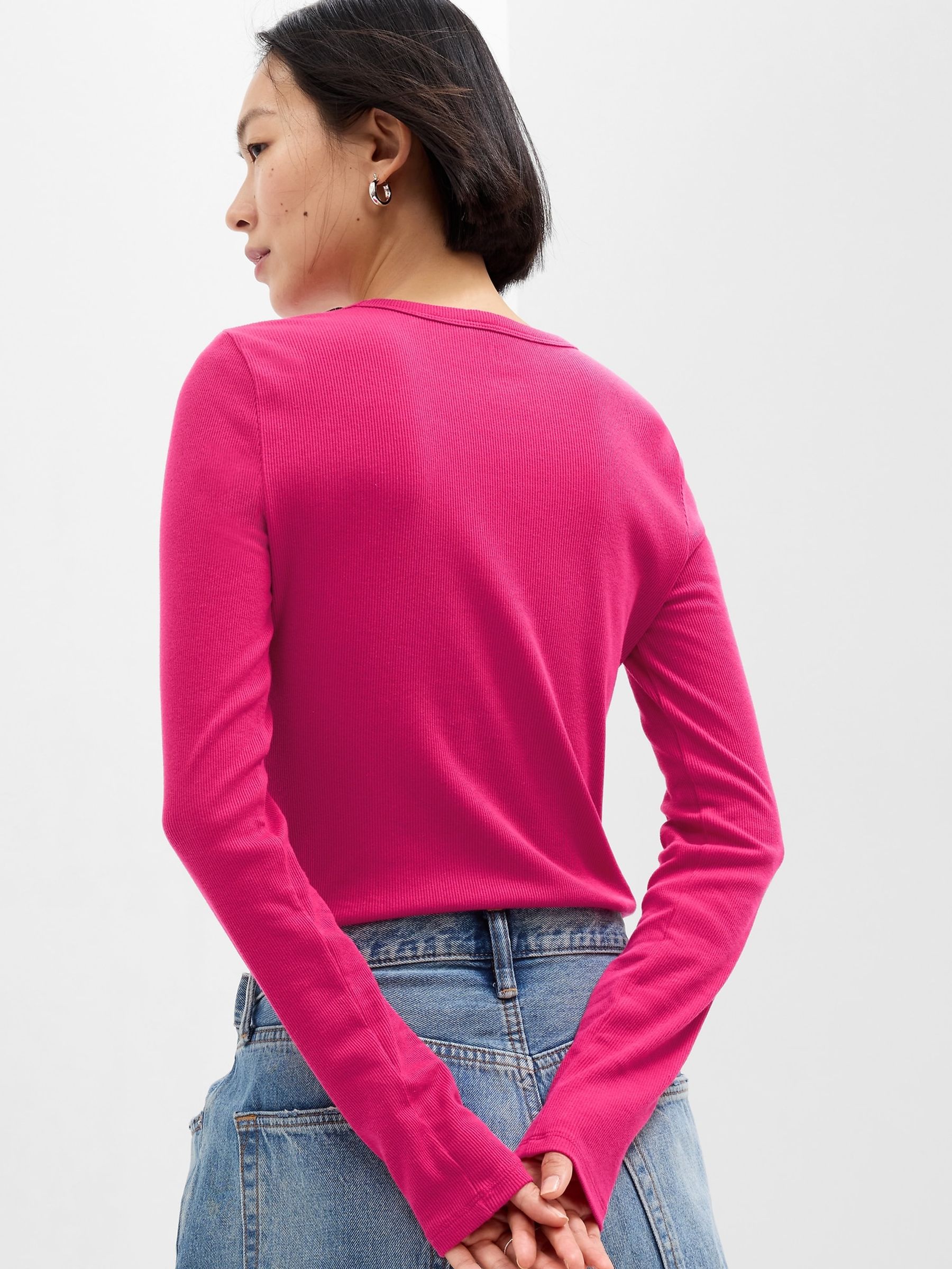 Bright Pink Ribbed Crew Neck Long Sleeve T-Shirt - Image 2 of 2