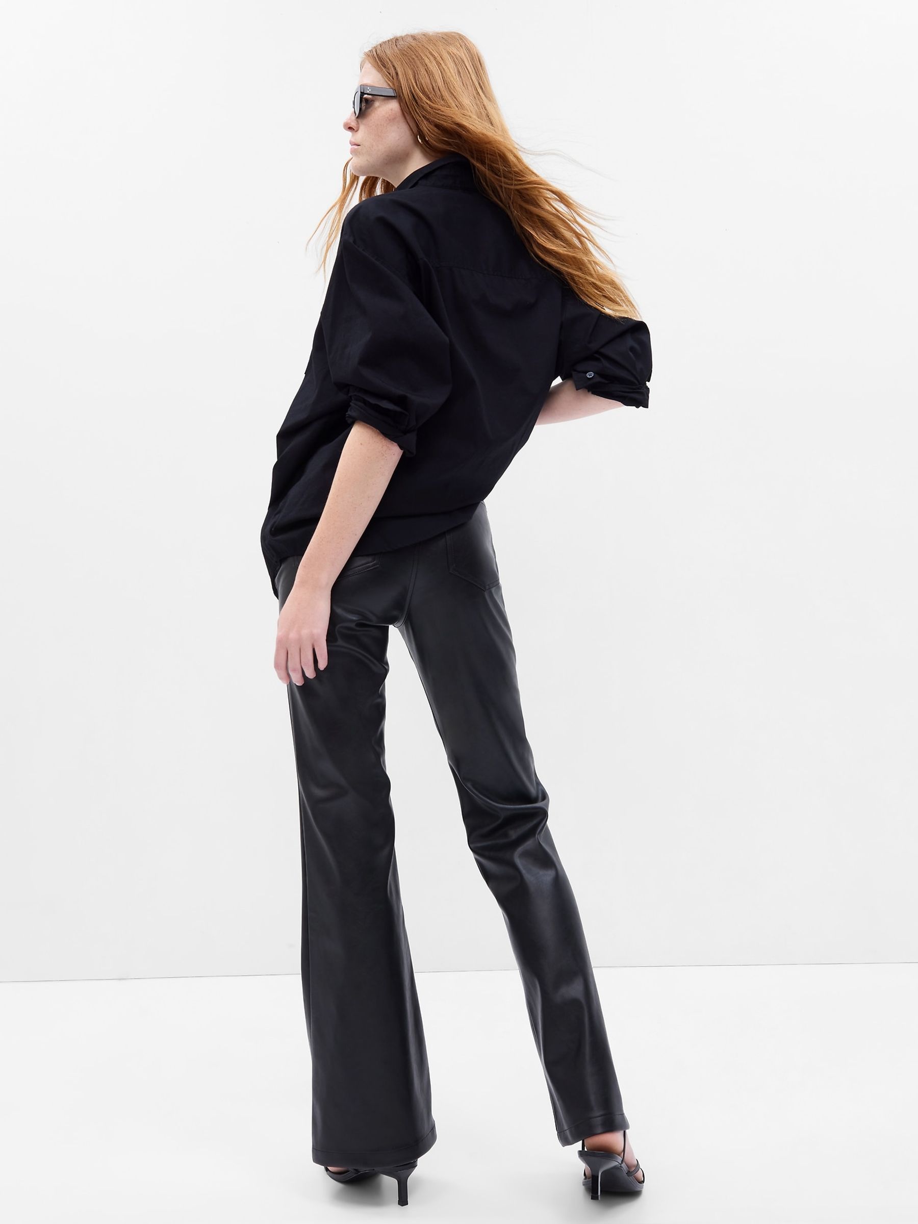 Black High Rise 70s Flare Faux Leather Trousers - Image 2 of 5