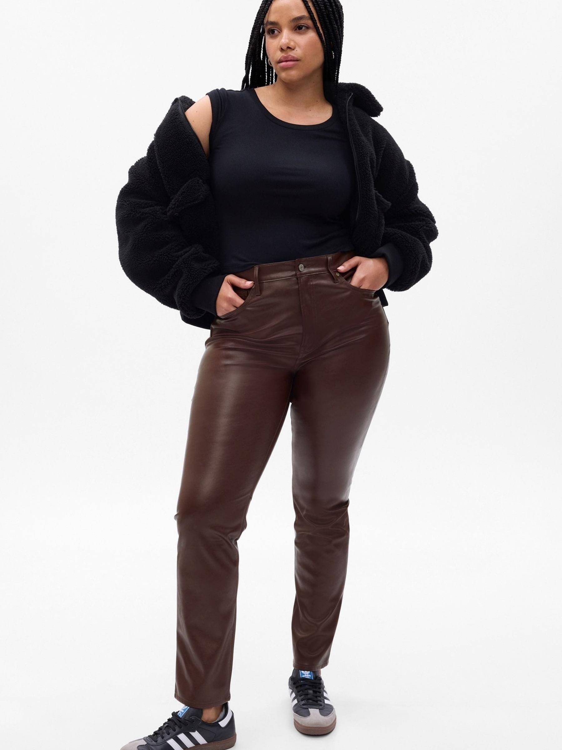 Brown High Rise Faux-Leather Vintage Slim Trousers - Image 4 of 5