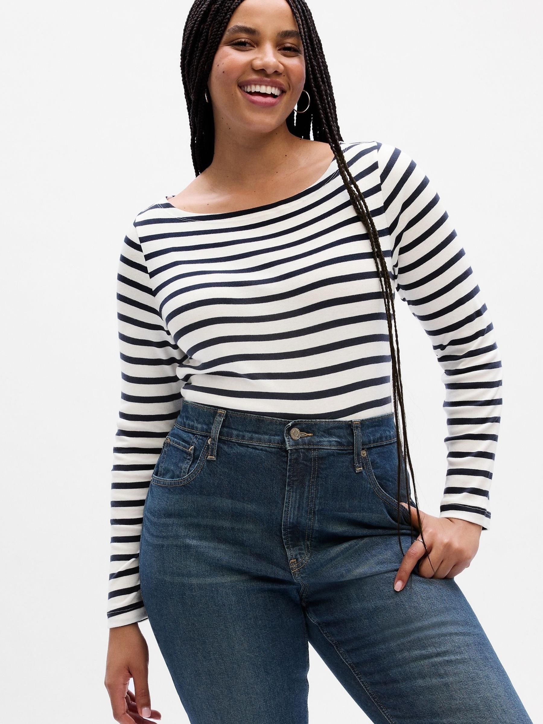 White Stripe Boat Neck Long Sleeve T-Shirt - Image 1 of 6