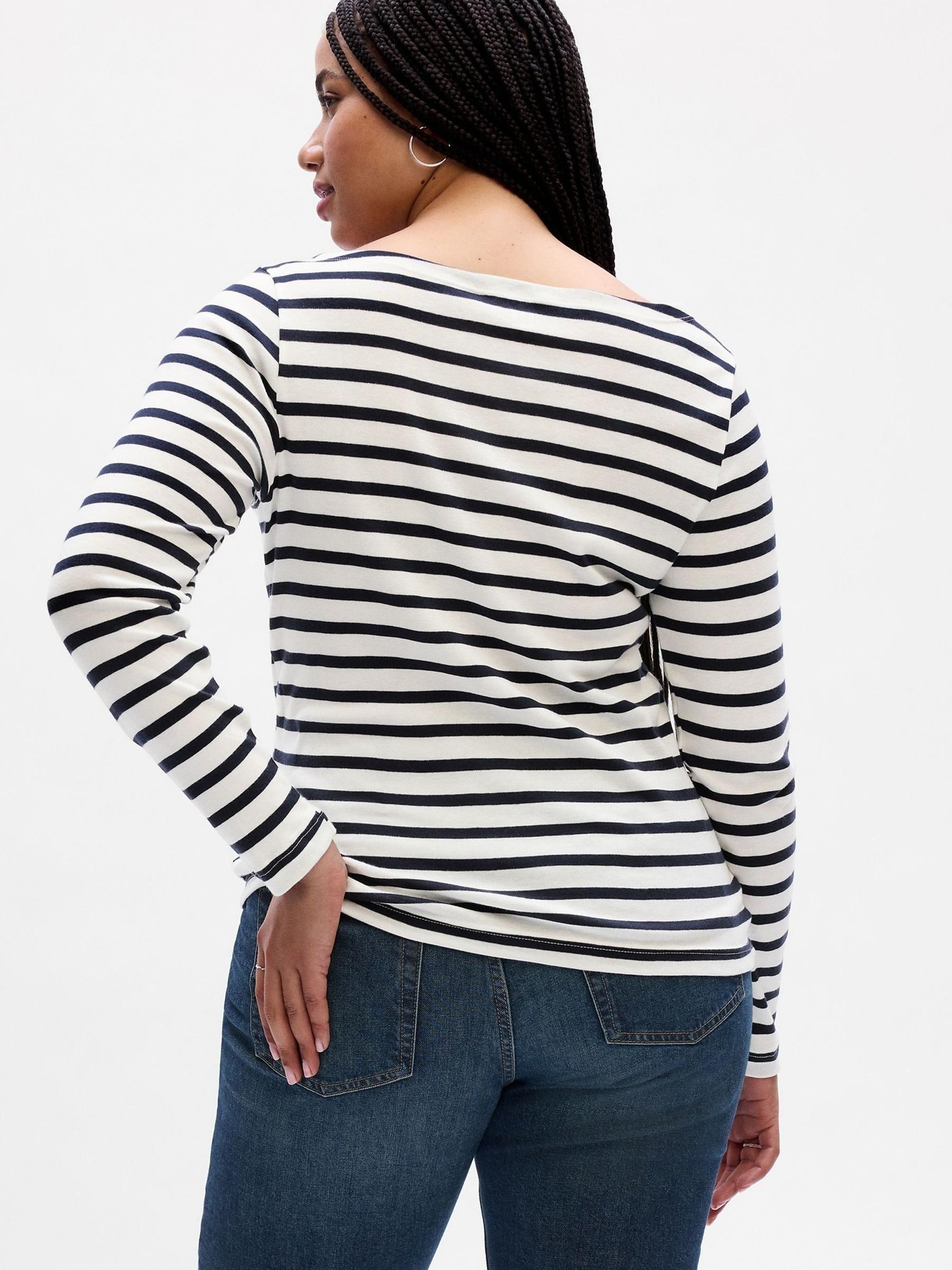 White Stripe Boat Neck Long Sleeve T-Shirt - Image 2 of 6