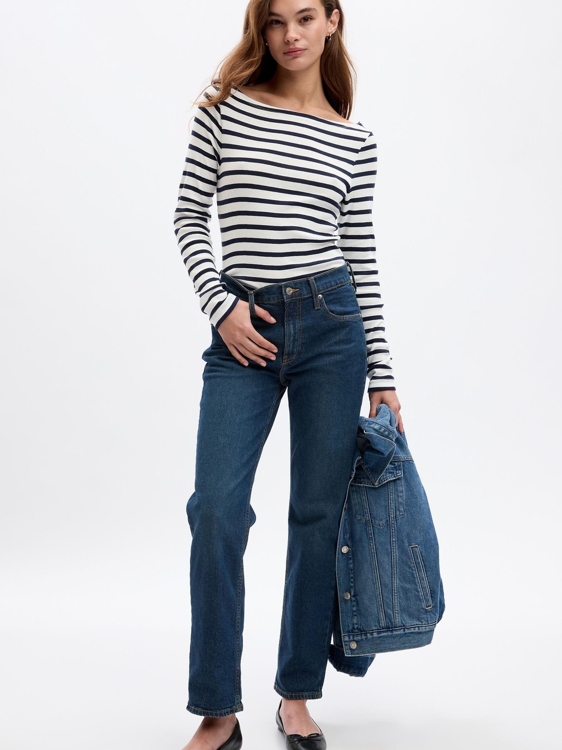 White Stripe Boat Neck Long Sleeve T-Shirt - Image 3 of 6