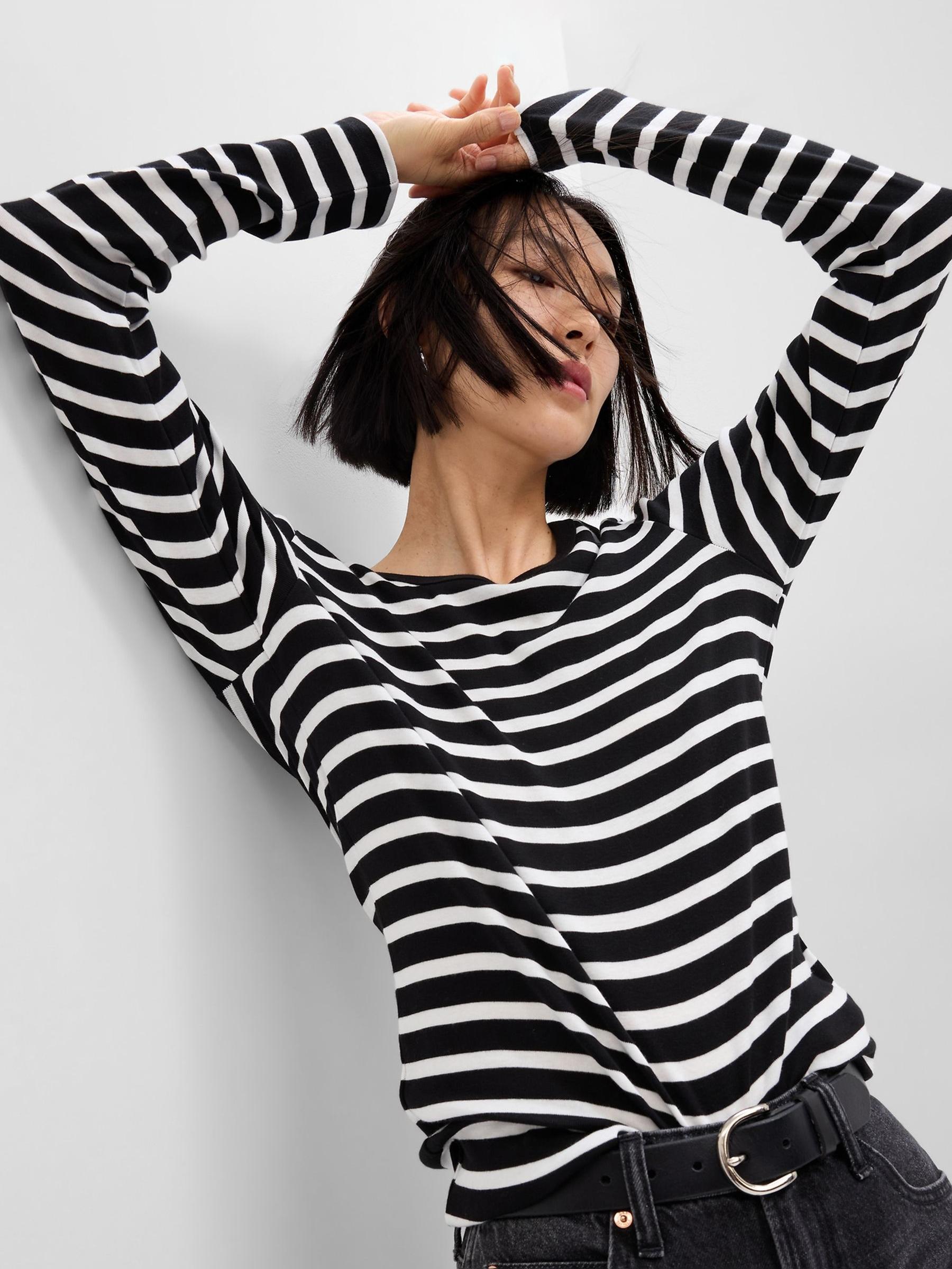 Black/White Stripe Crew Neck Long Sleeve T-Shirt - Image 1 of 1