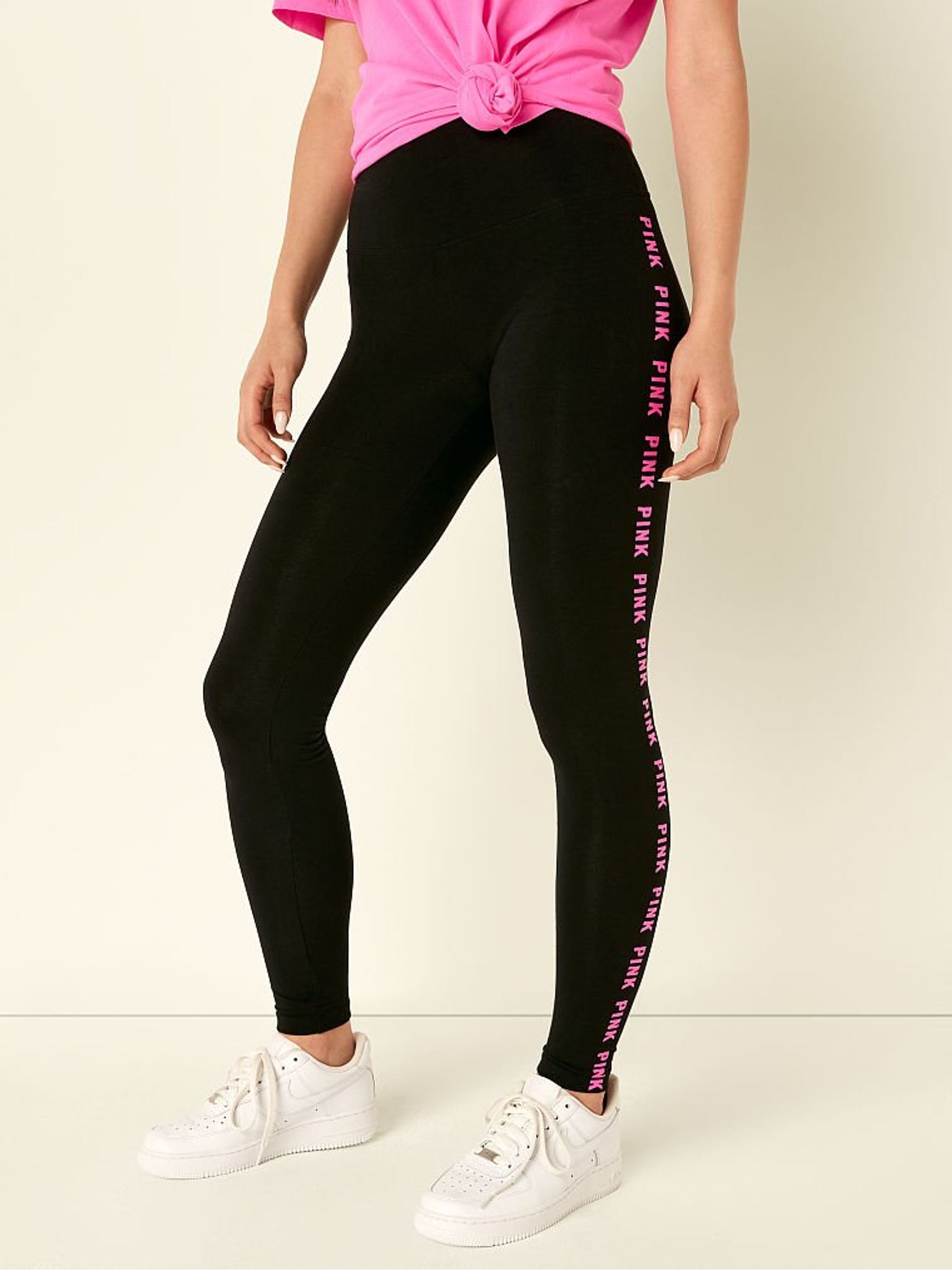 Pure Black With Atomic Pink Ticking Cotton High Waist  Leggings - Image 1 of 4
