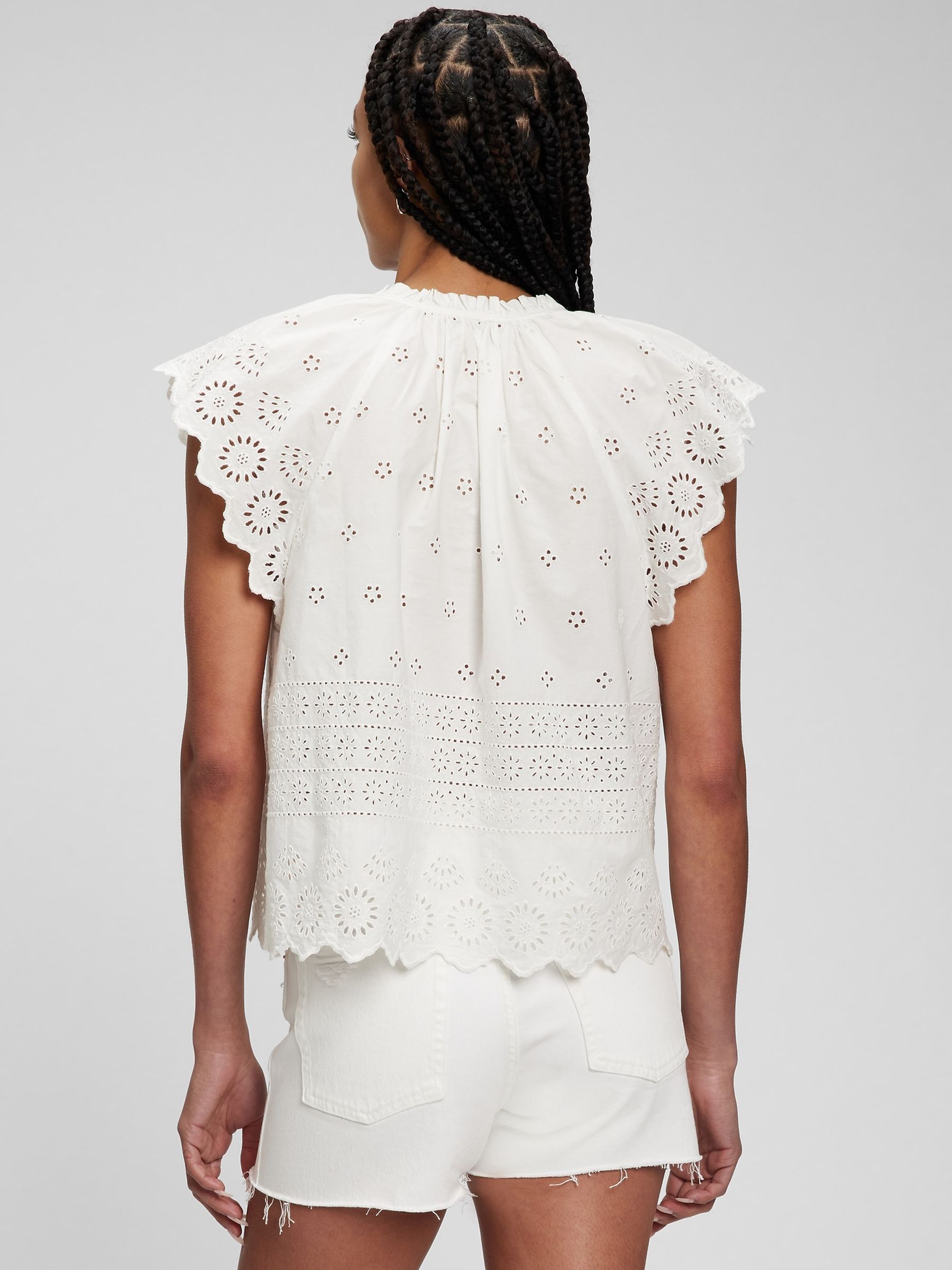 White Eyelet Flutter Sleeve Top - Image 2 of 4