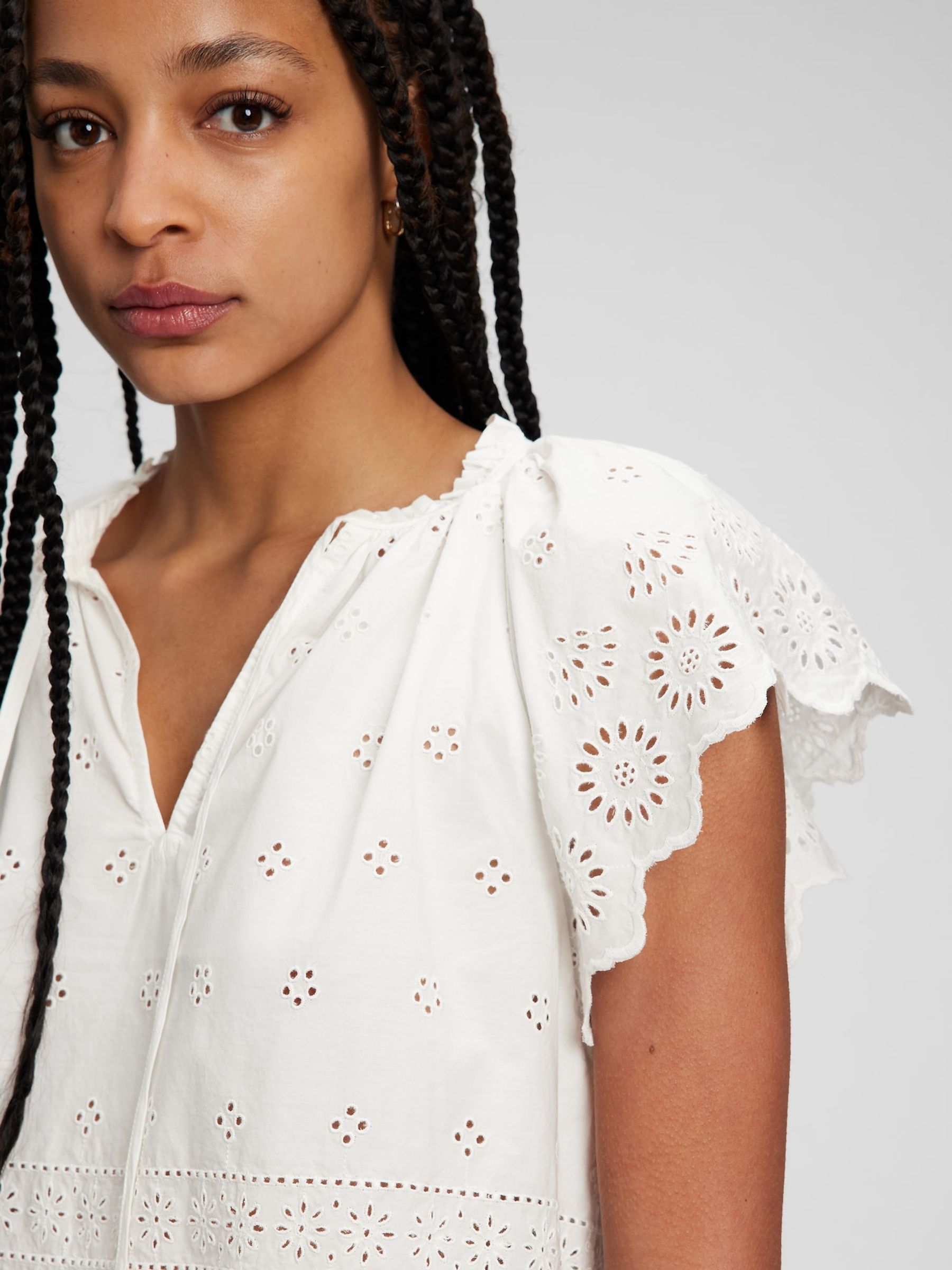 White Eyelet Flutter Sleeve Top - Image 3 of 4