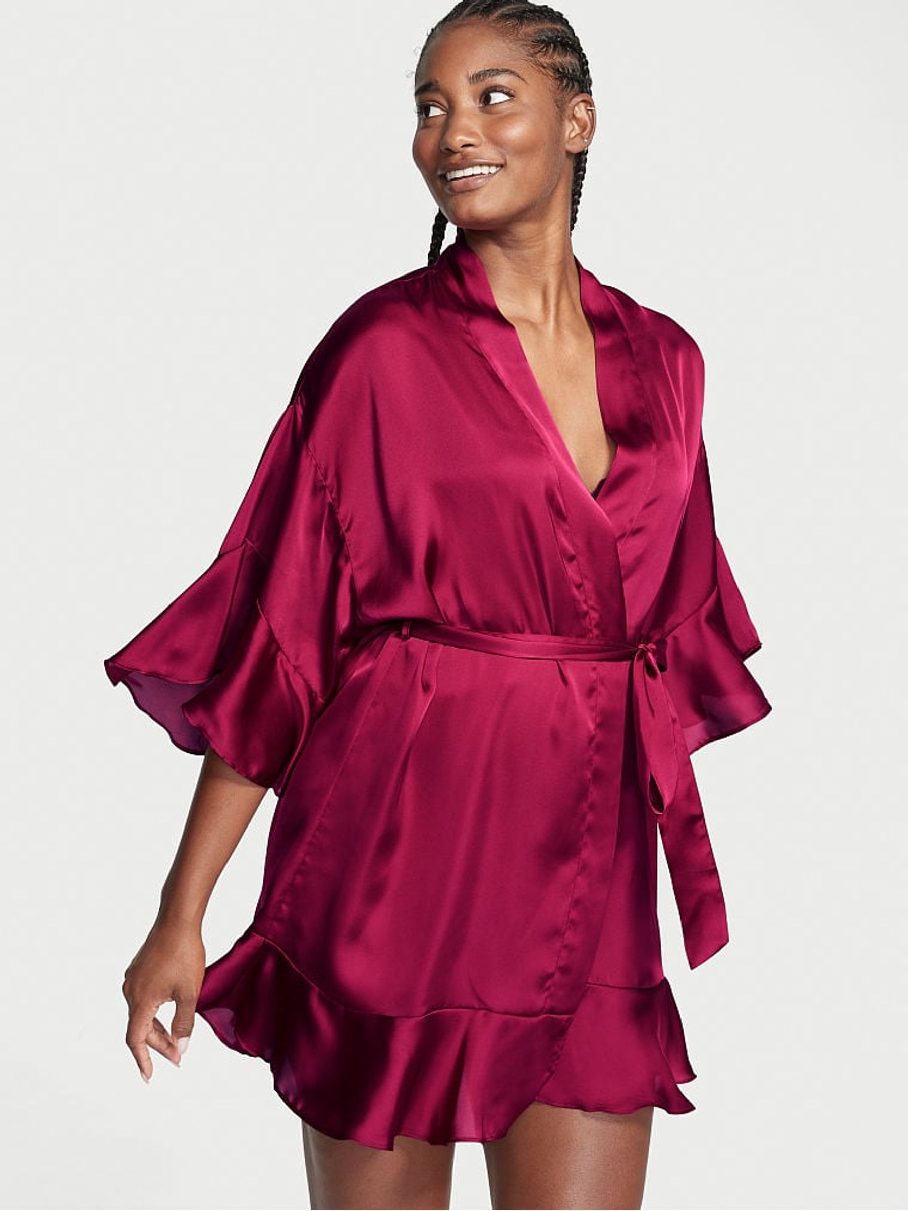 Claret Red Flounce Satin Robe - Image 1 of 3
