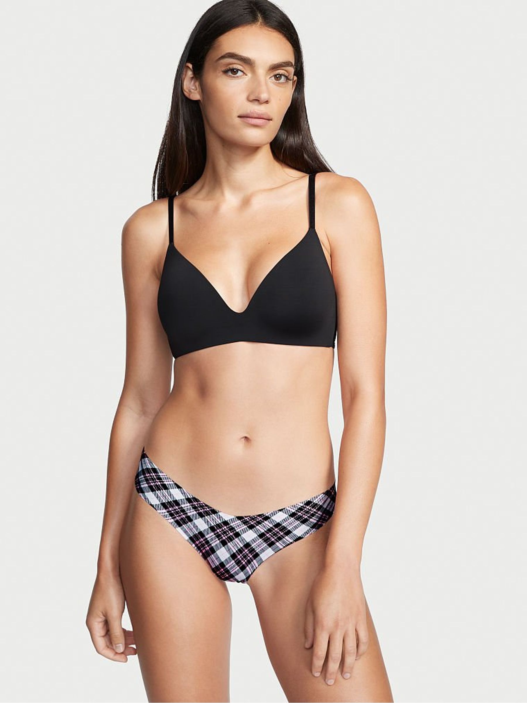 Black White Plaid Raw Cut Thong Knickers - Image 1 of 3