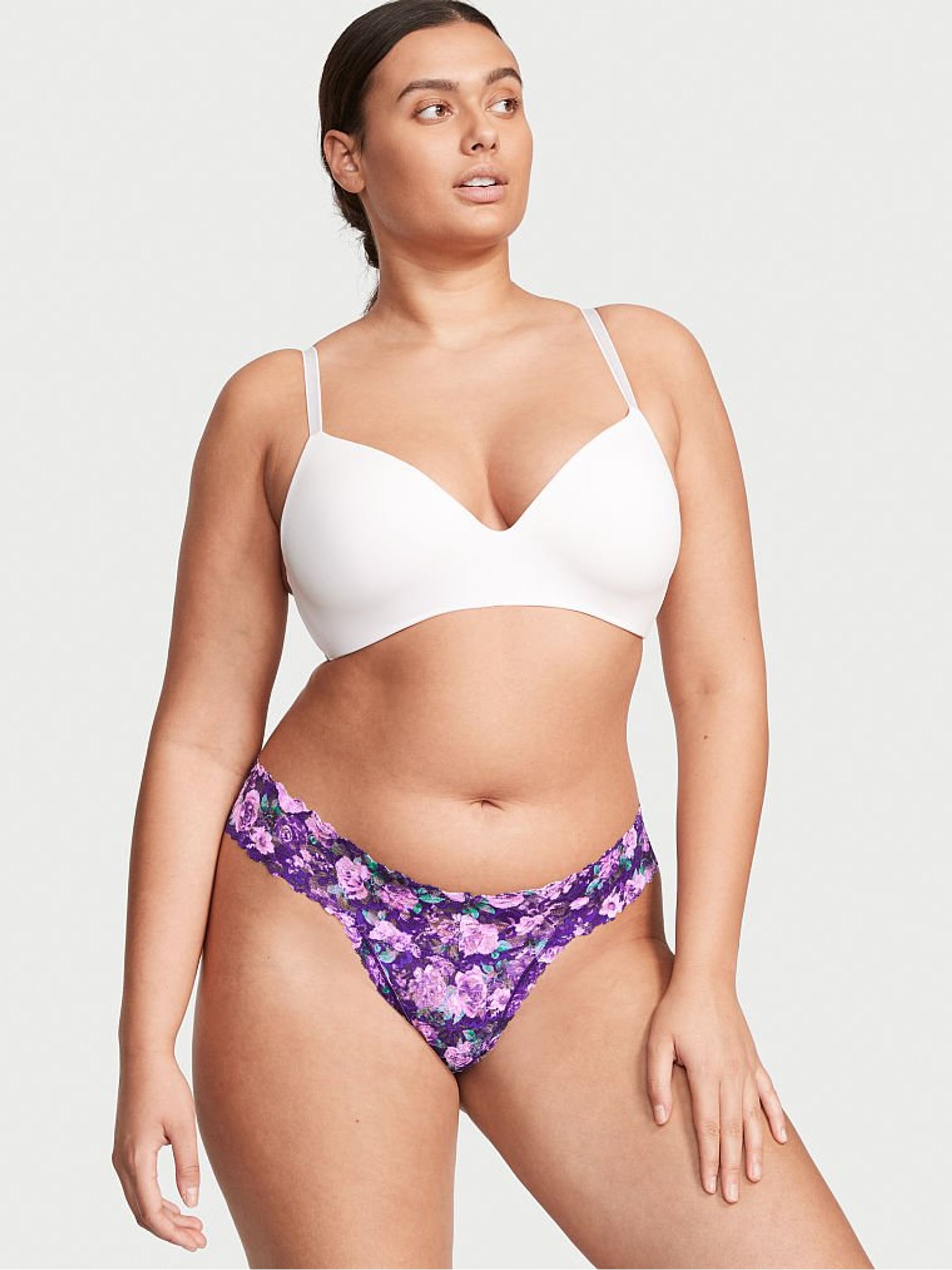 Night Ocean Small Rosey Florals Purple Lace Thong Knickers - Image 1 of 3