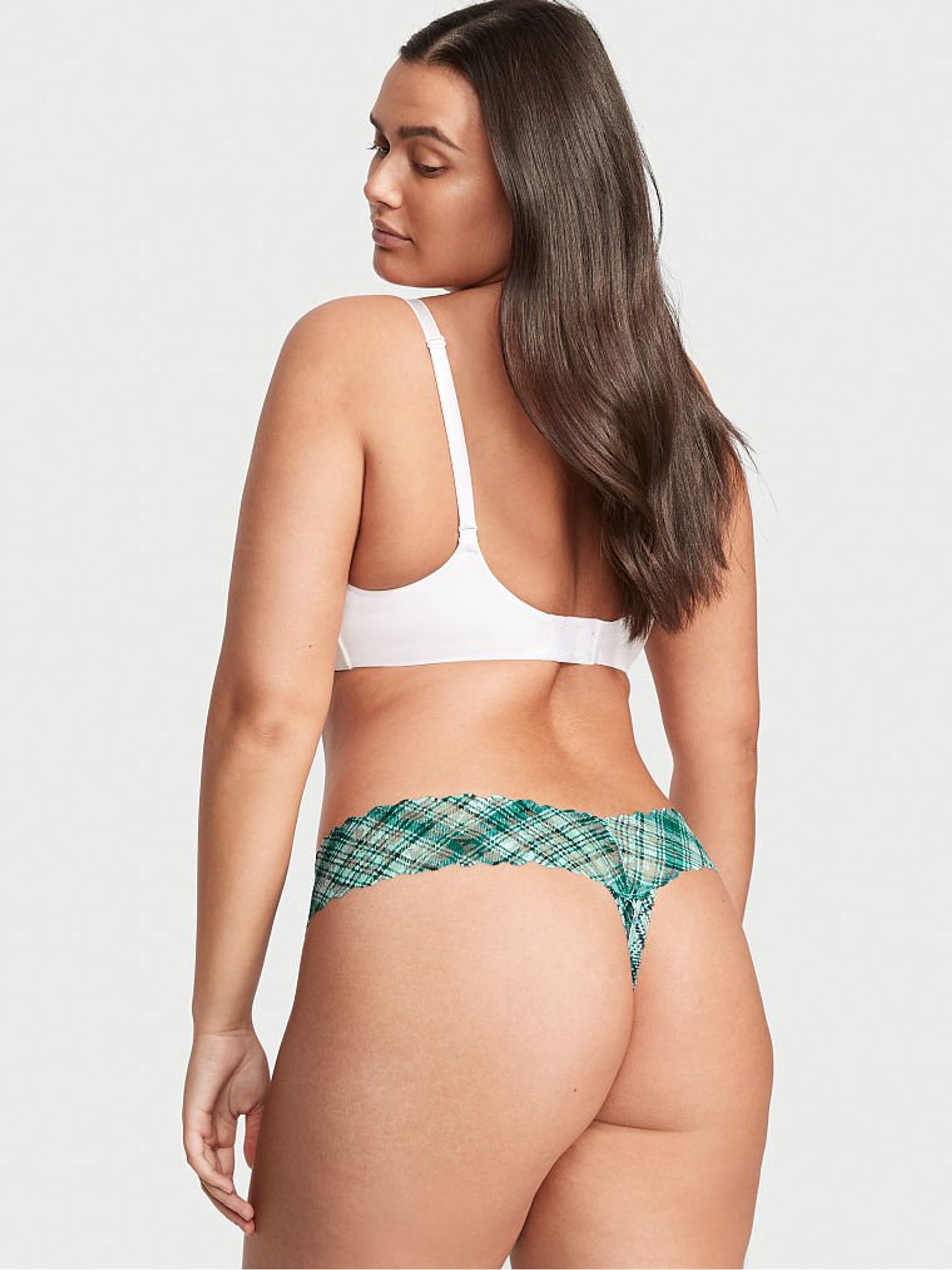 Aqua Crystal Blue Plaid Lace Thong Knickers - Image 2 of 3
