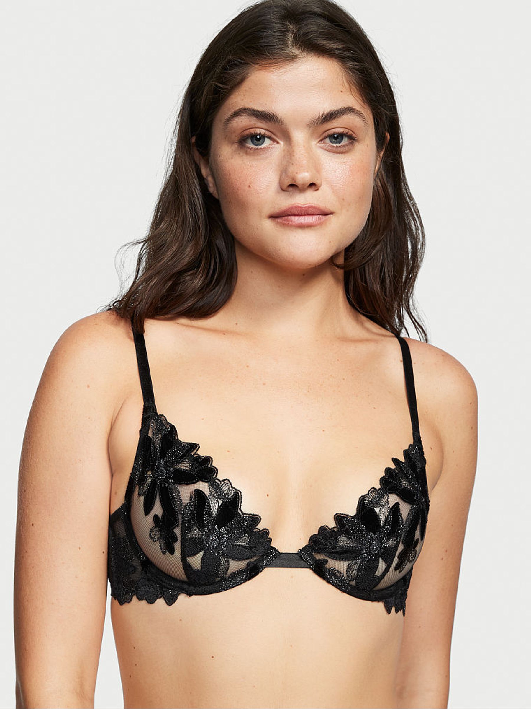 Black Embroidered Velvet Demi Bra - Image 1 of 4
