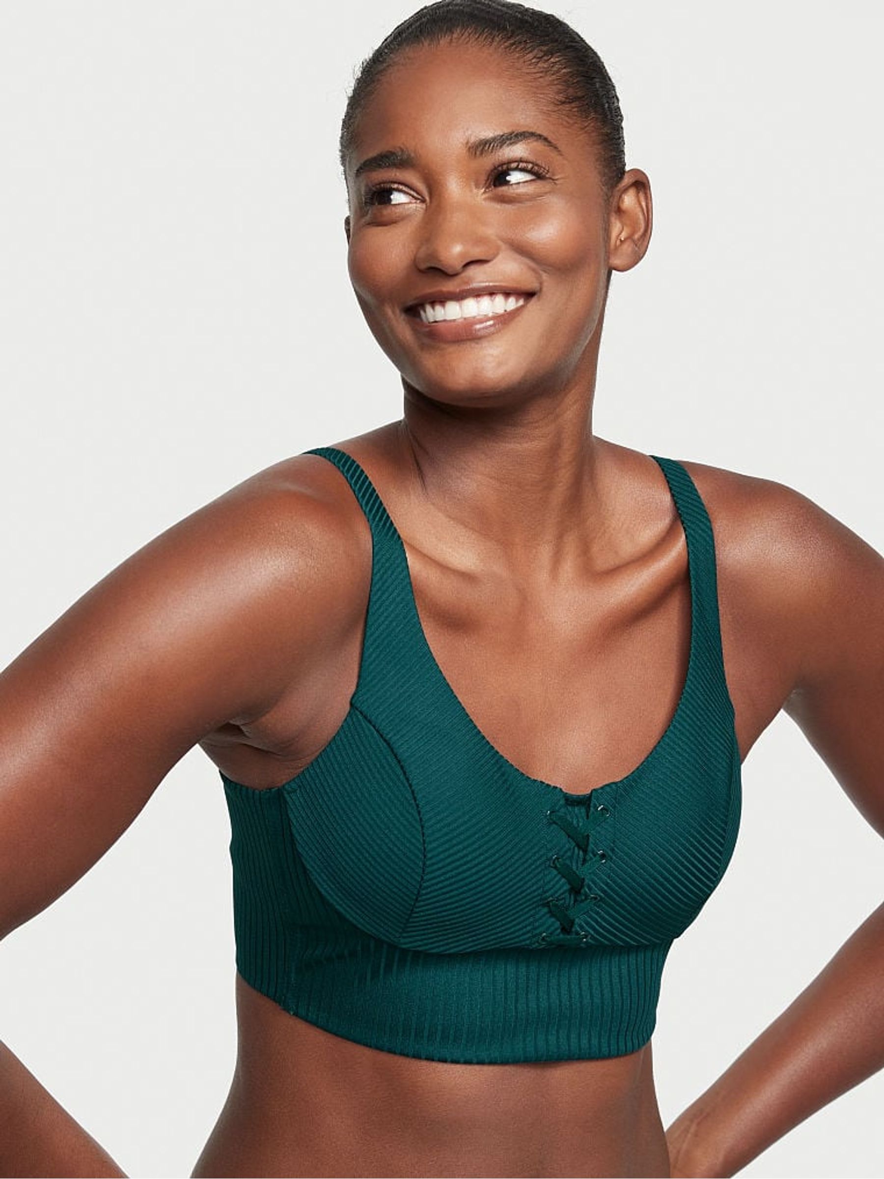 Black Ivy Green Lace Up Ribbed Low Impact Sports Bra - Image 1 of 4