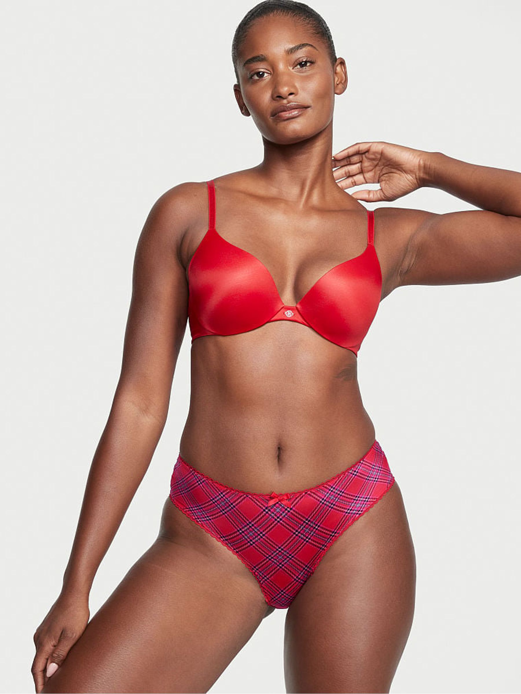 Red Plaid Very Sexy Satin Bow Cutout Open Back Knickers - Image 1 of 4