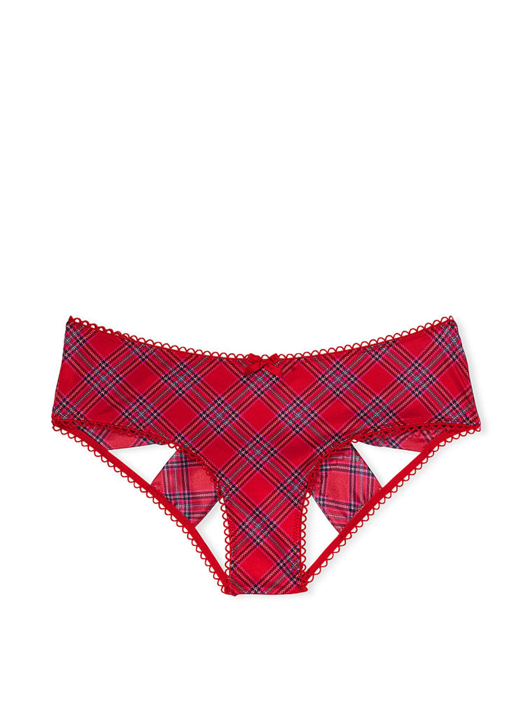 Red Plaid Very Sexy Satin Bow Cutout Open Back Knickers - Image 3 of 4
