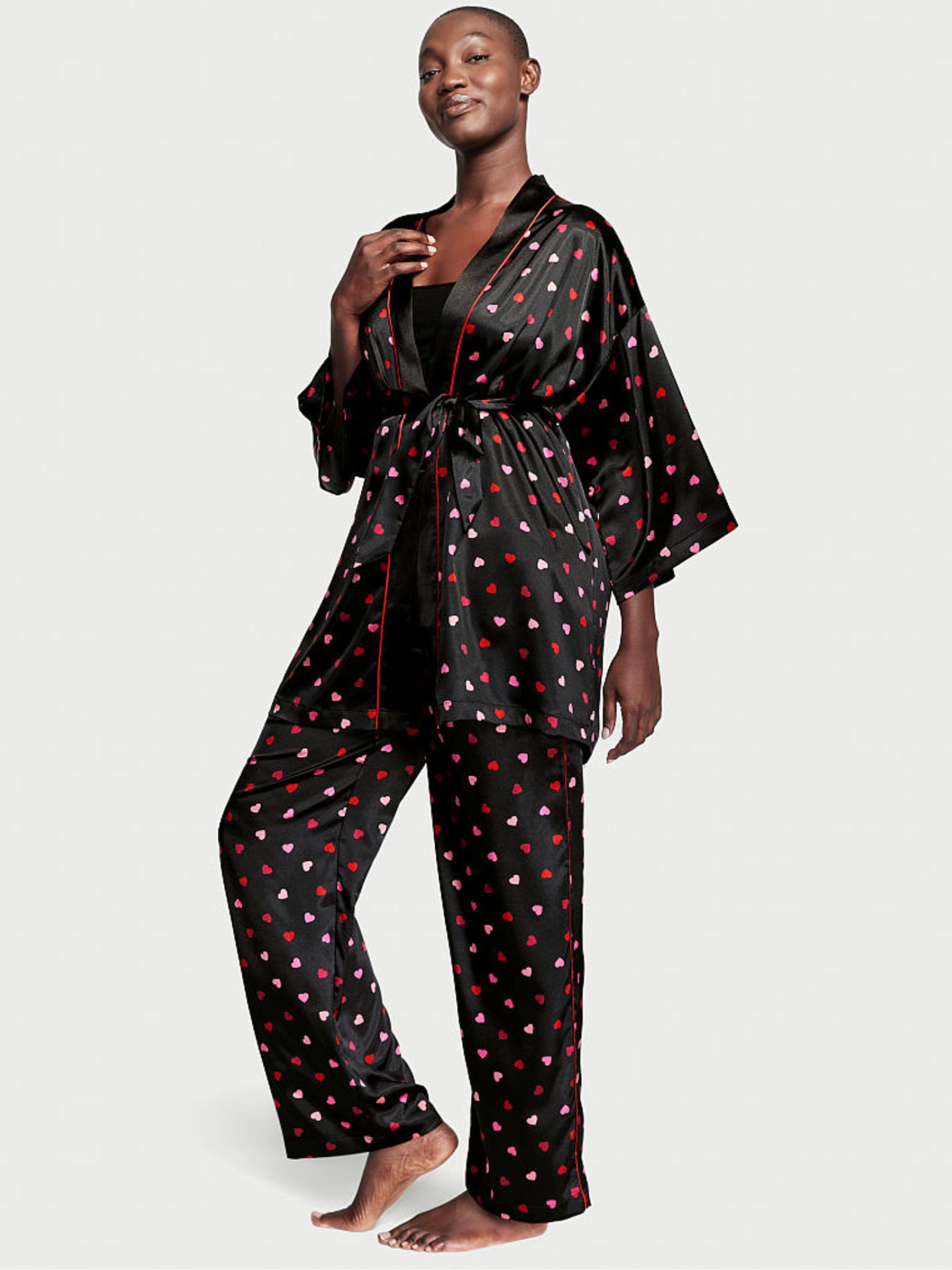 Black Hearts Satin 3 Piece Pyjama Set - Image 1 of 3