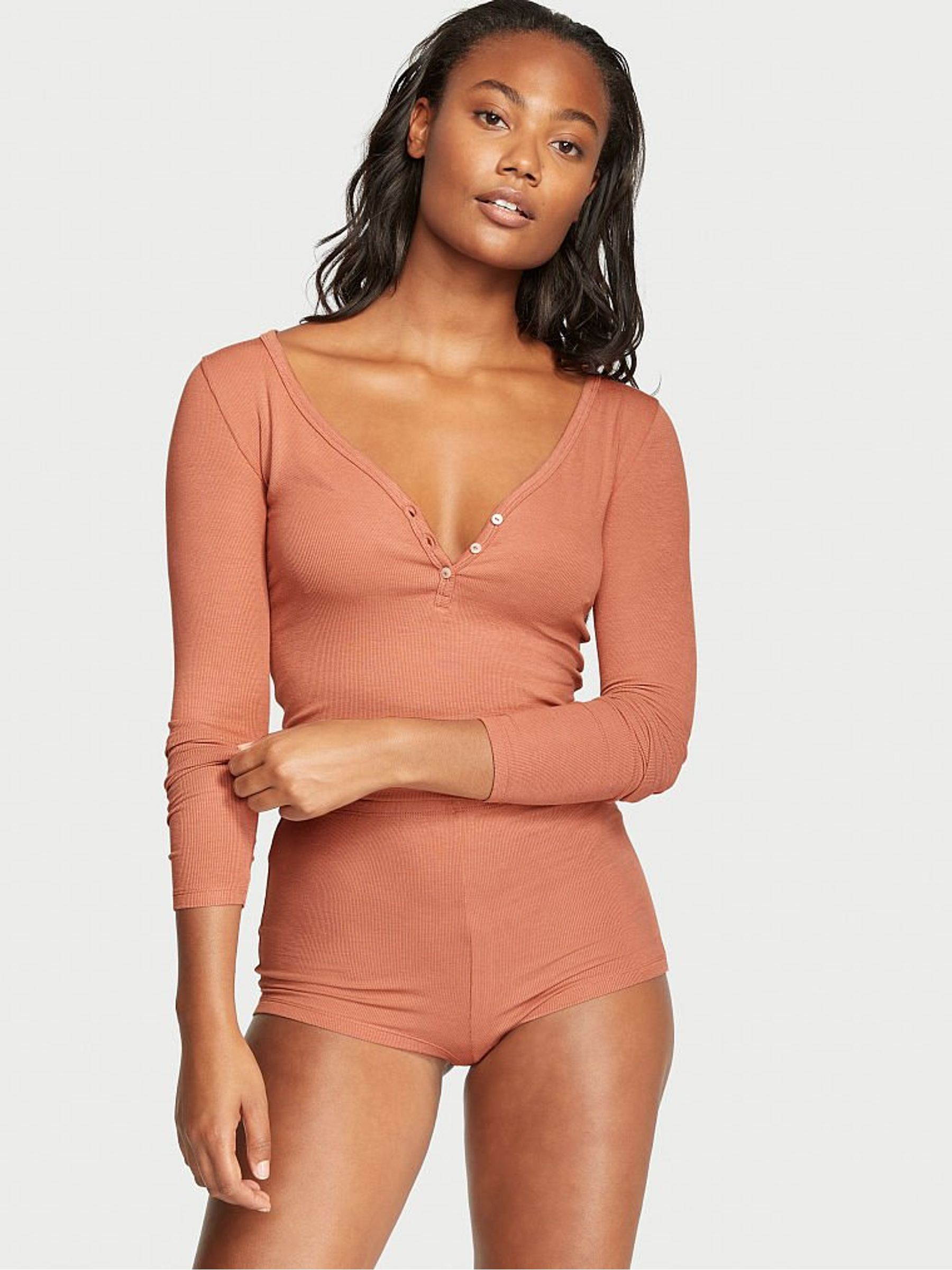 Light Brown Ribbed Modal Short Pyjamas - Image 1 of 3