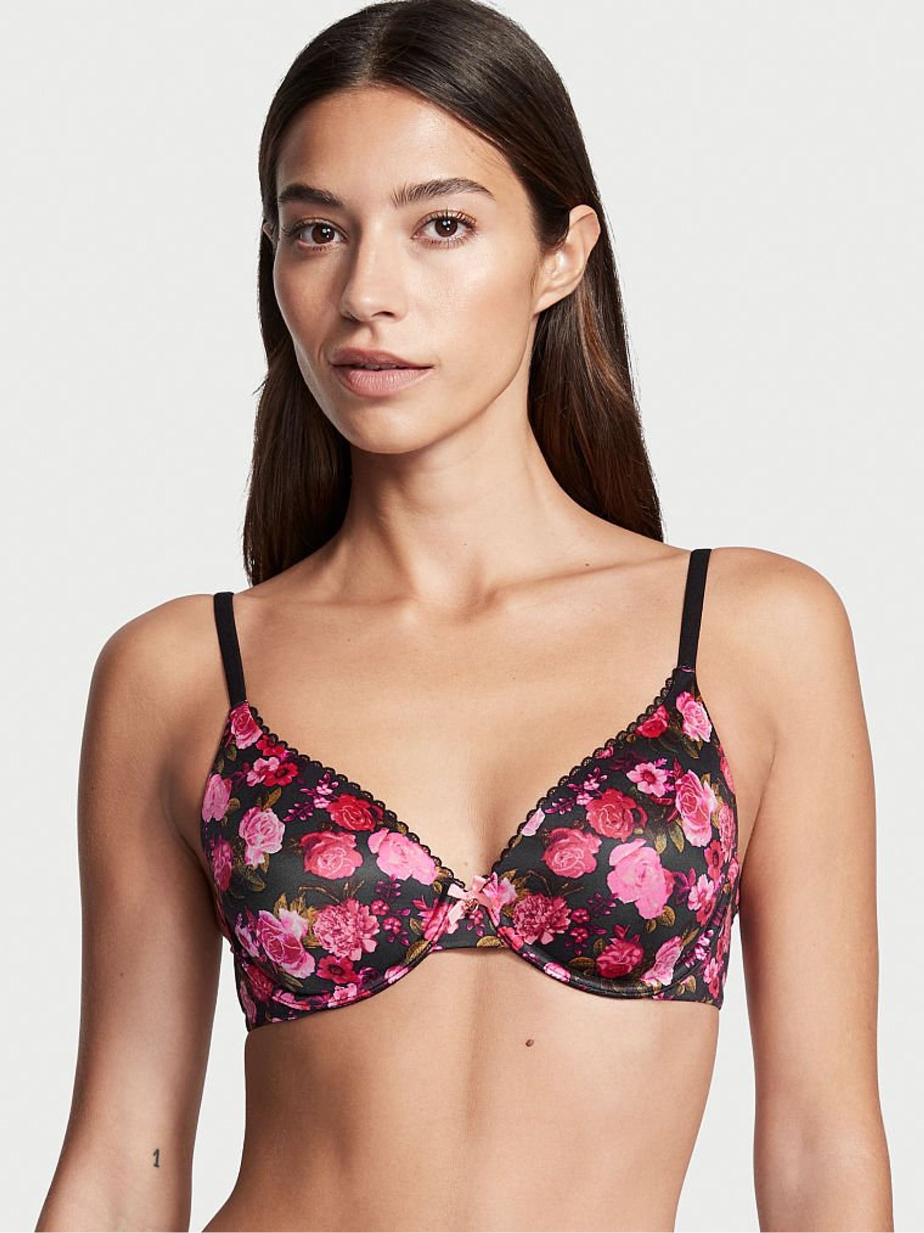 Black Pink Floral Smooth Full Cup Push Up Bra - Image 1 of 3