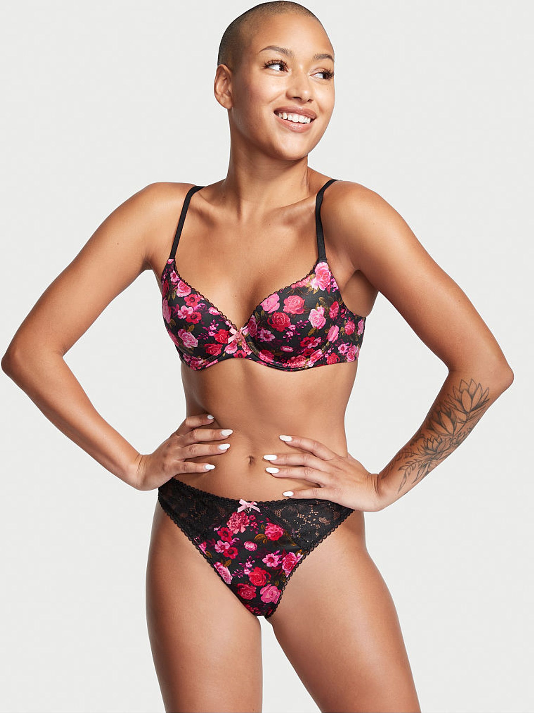 Black And Pink Rosey Floral Smooth Lightly Lined Demi Bra - Image 1 of 4