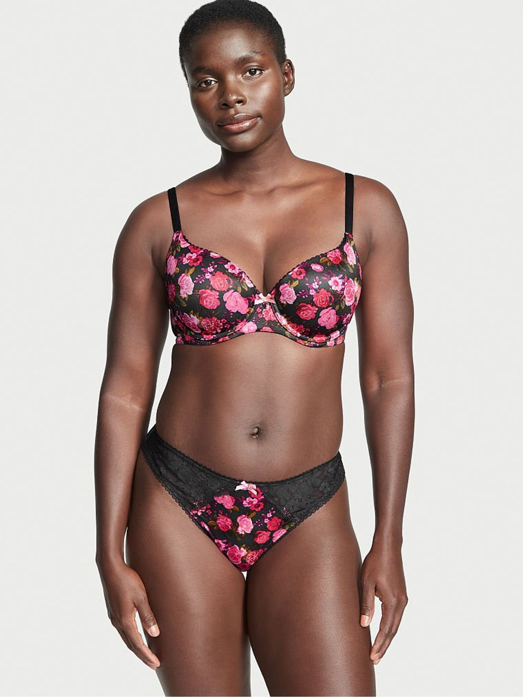 Black And Pink Rosey Floral Smooth Lightly Lined Demi Bra - Image 2 of 4