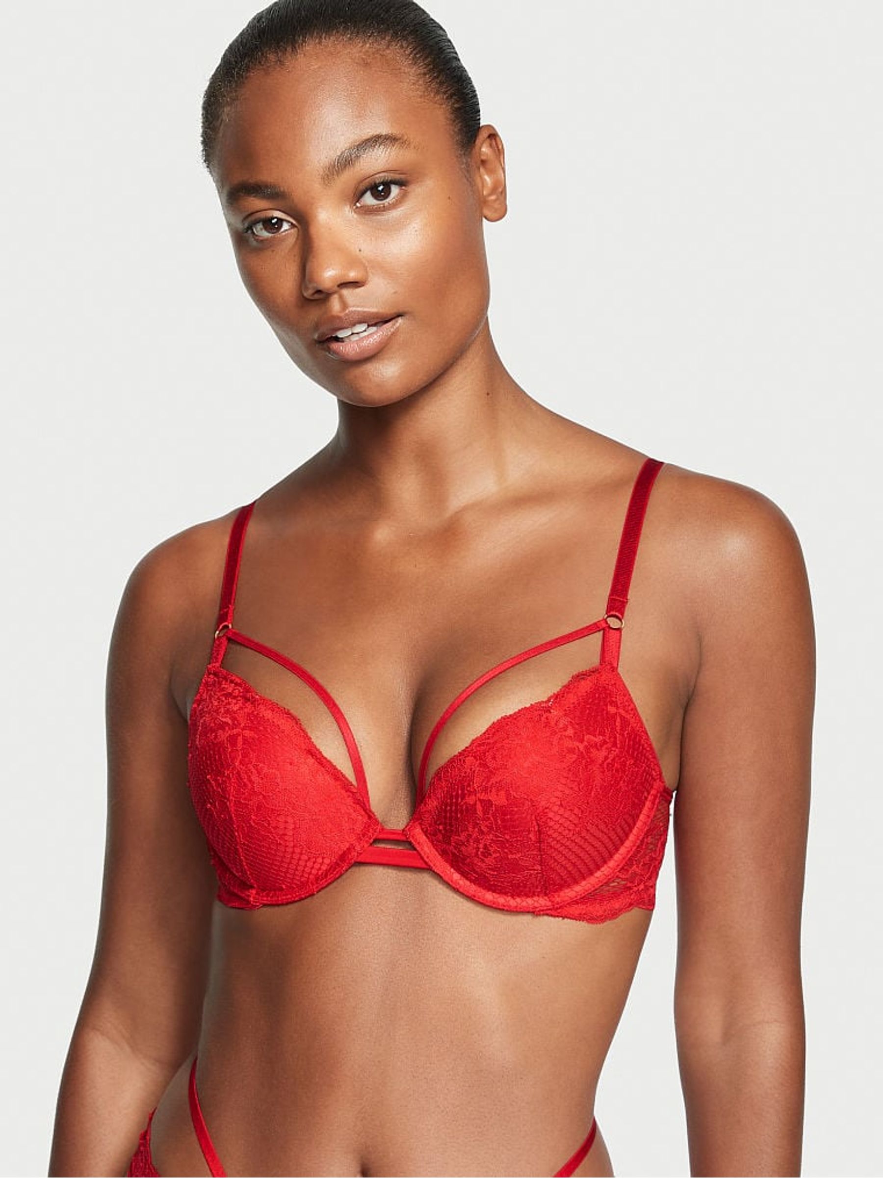 Lipstick Red Lace Front Fastening Push Up Bra - Image 1 of 4