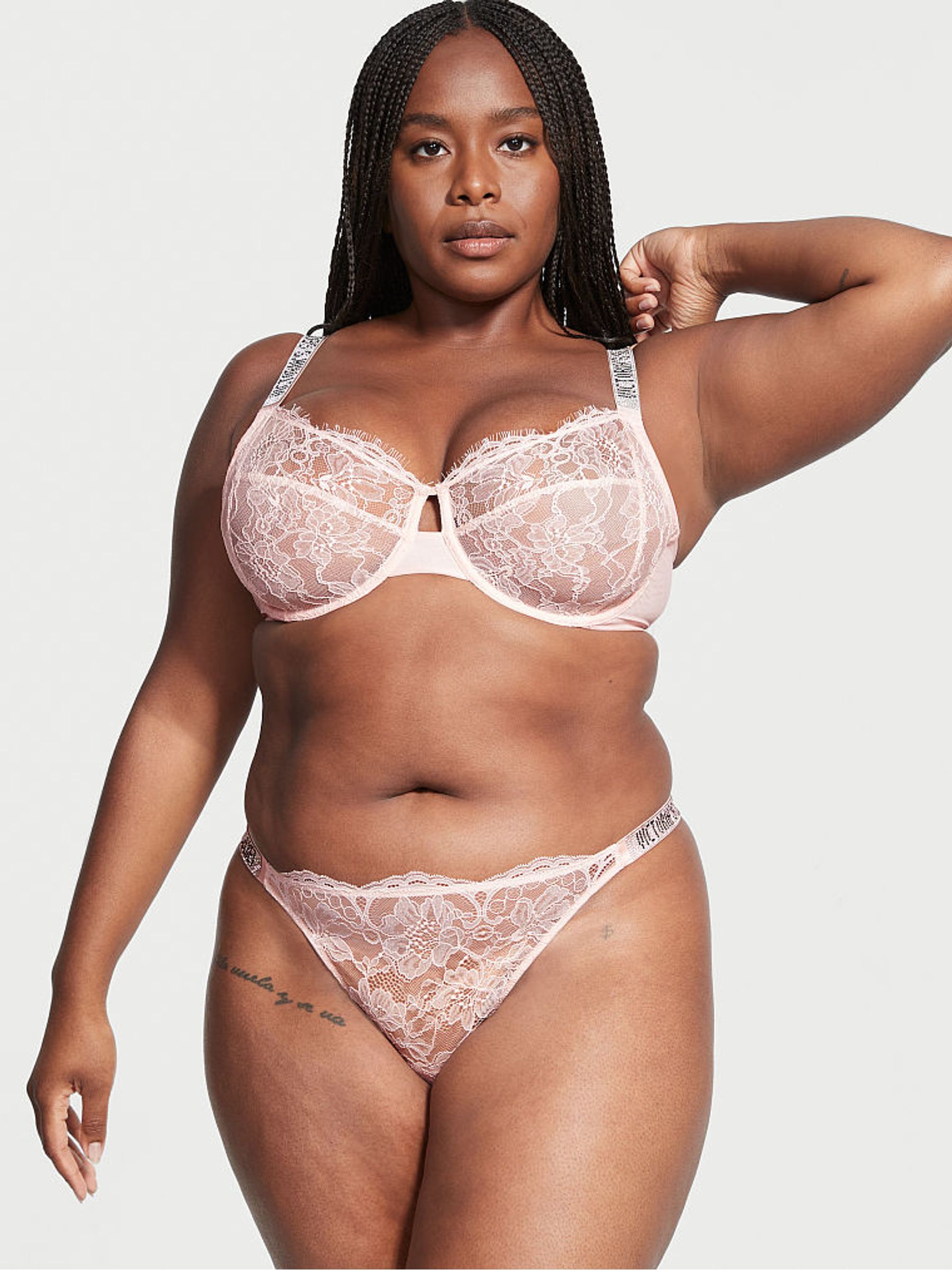 Purest Pink Lace Thong Shine Strap Knickers - Image 1 of 4