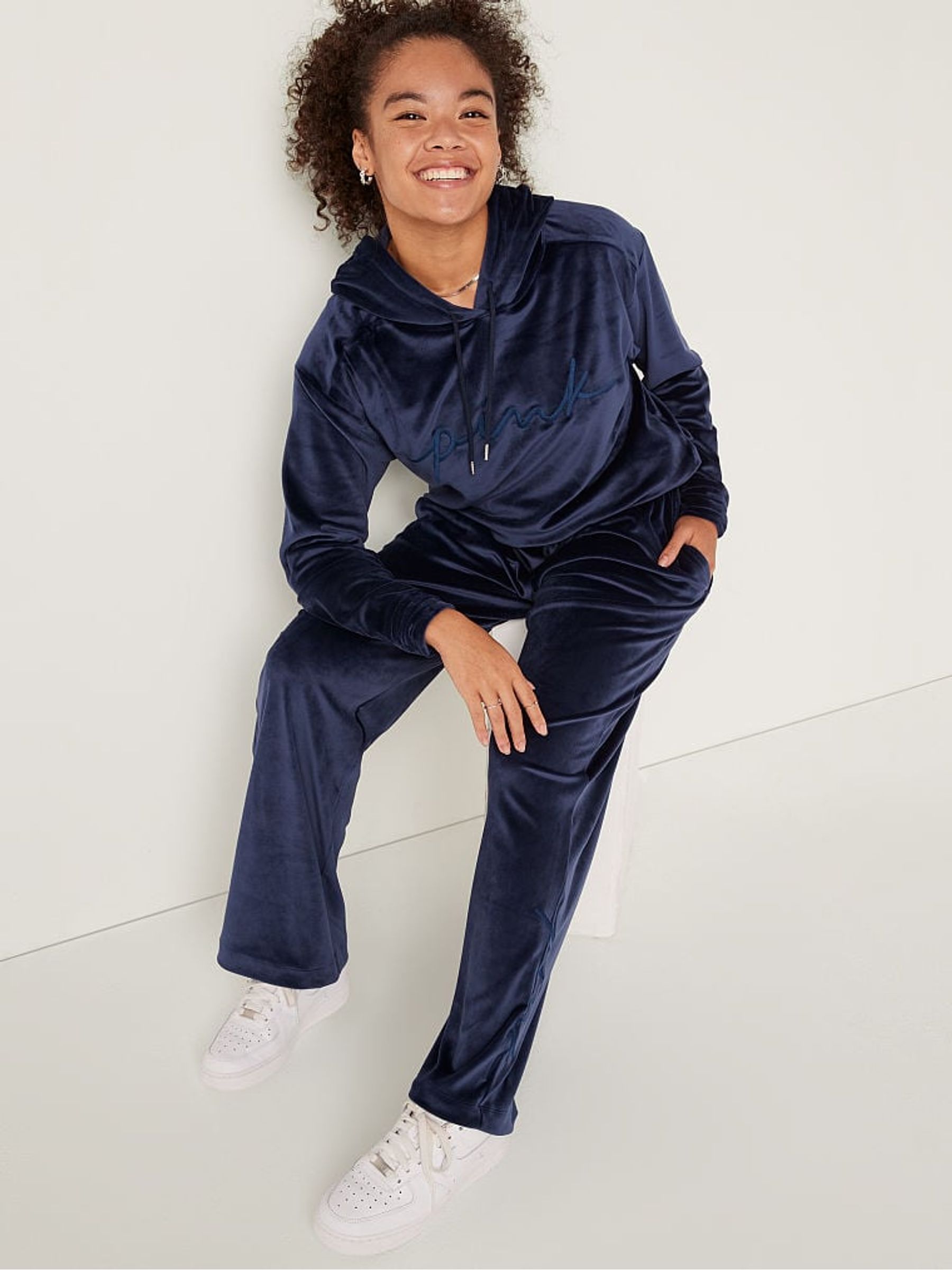 Navy Blue Velour Wide Leg Lounge Jogger - Image 3 of 4