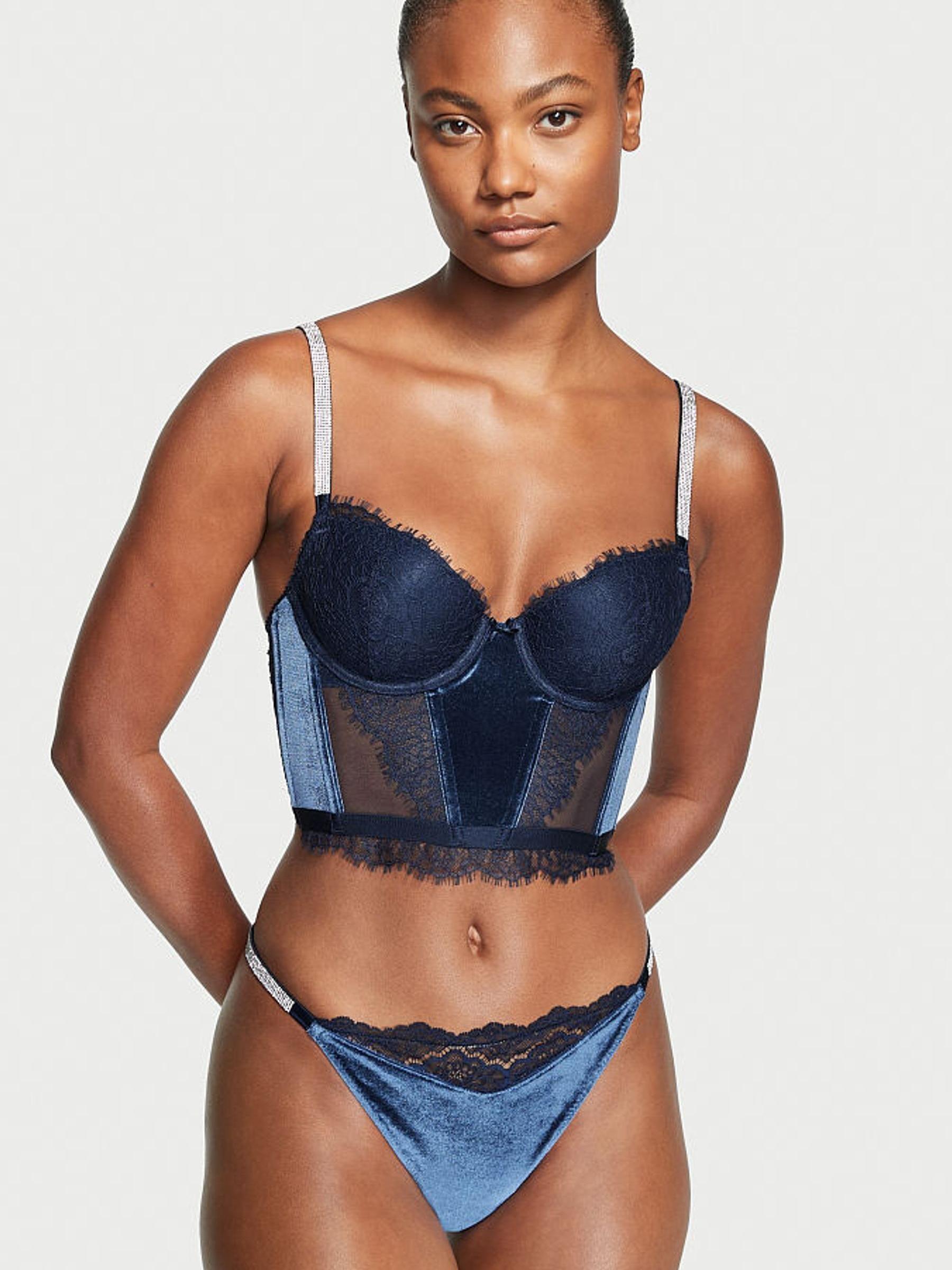 Blue Velvet Lace Shine Strap G String Knickers - Image 1 of 4