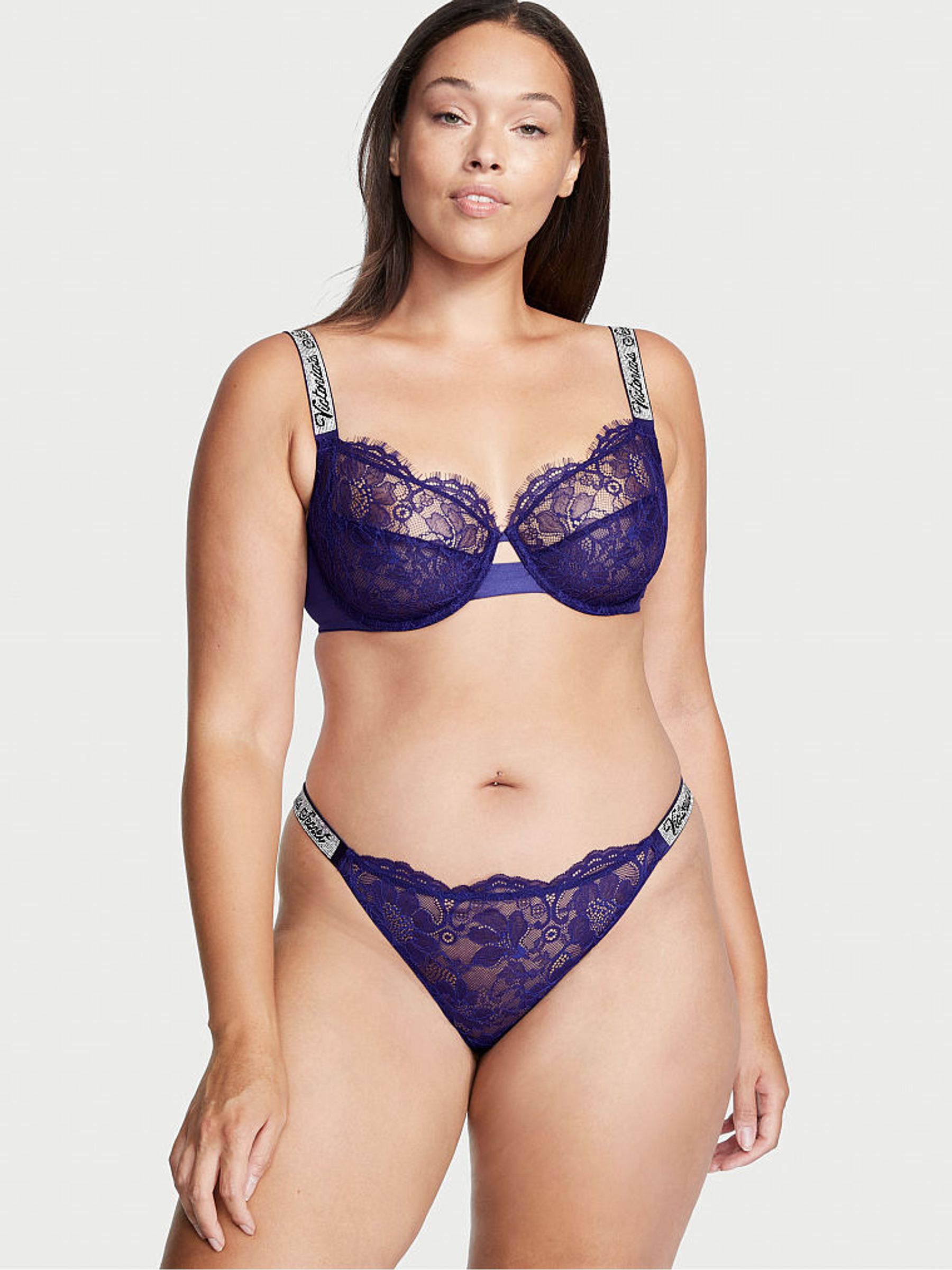 Night Ocean Blue Lace Brazilian Shine Strap Knickers - Image 3 of 4