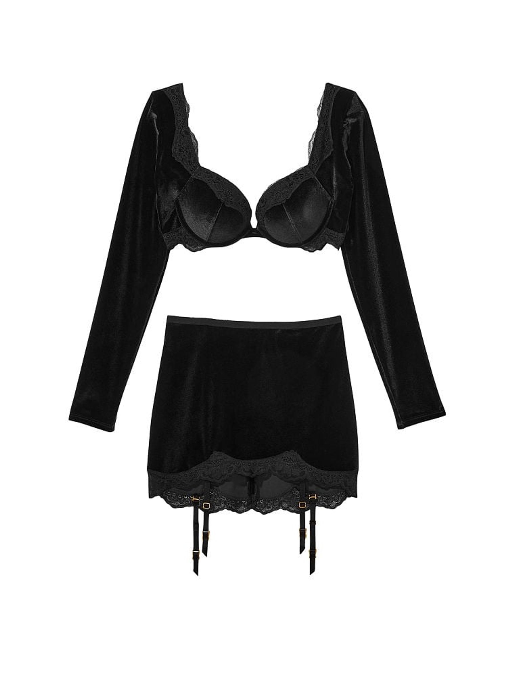 Black Velvet Push Up Bra Top  Garter Skirt Set - Image 3 of 3