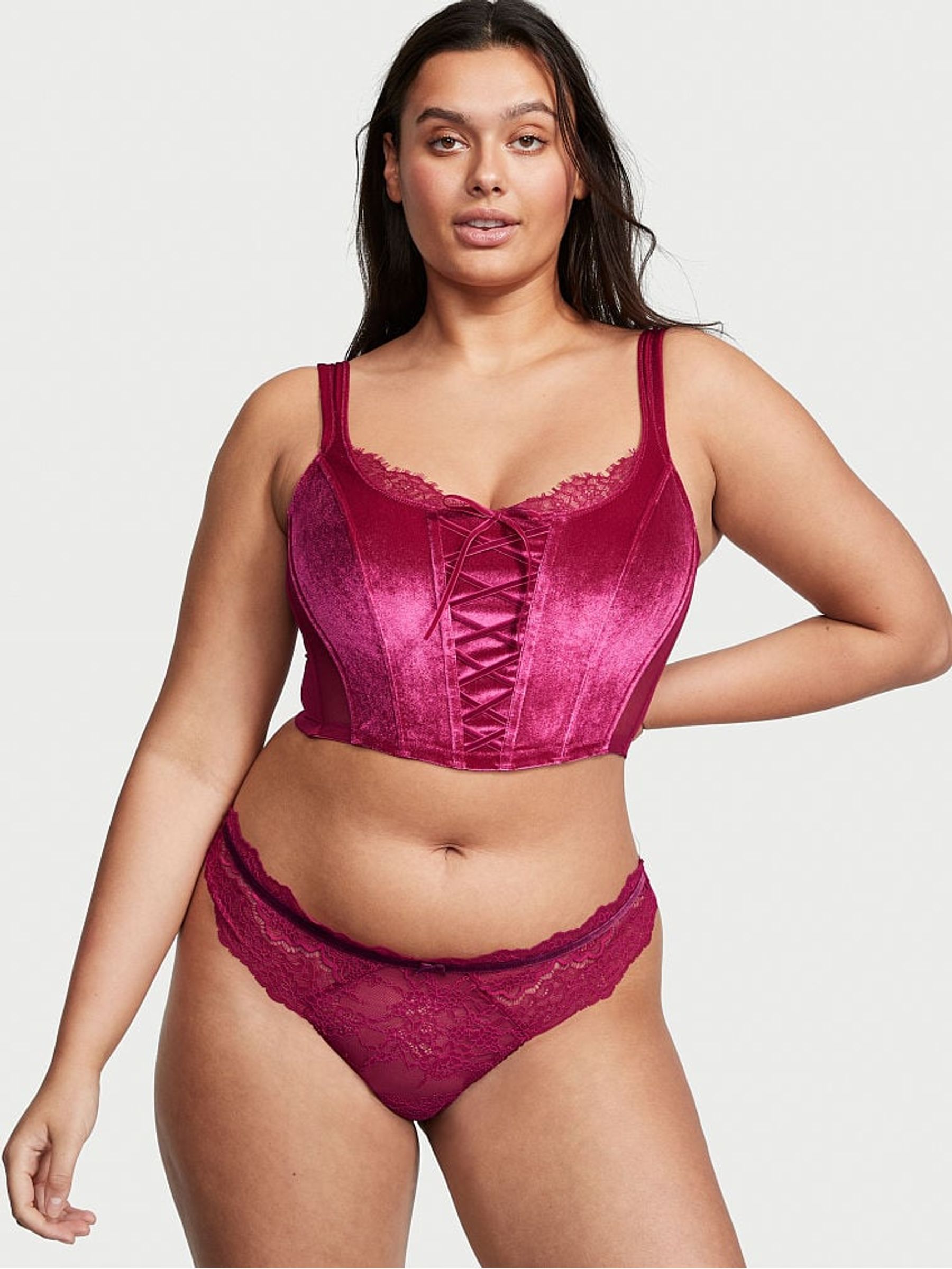 Claret Red Unlined LaceUp Velvet Corset Top - Image 3 of 4