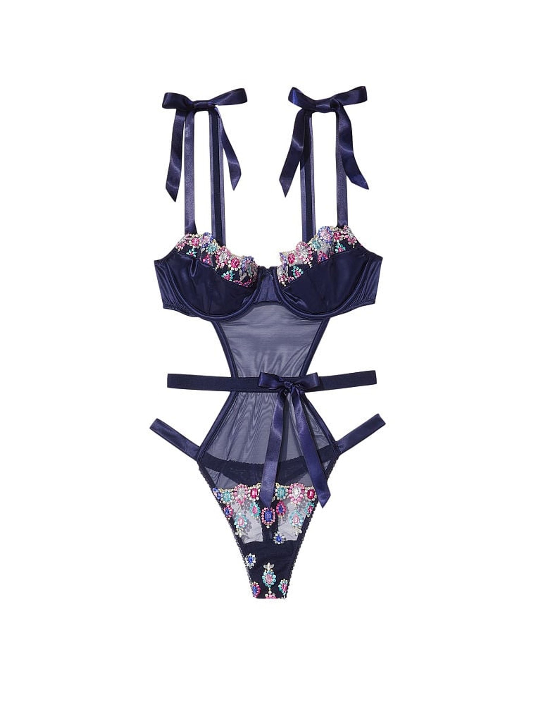Noir Navy Blue Wicked Bejeweled Embroidery Bodysuit - Image 3 of 3