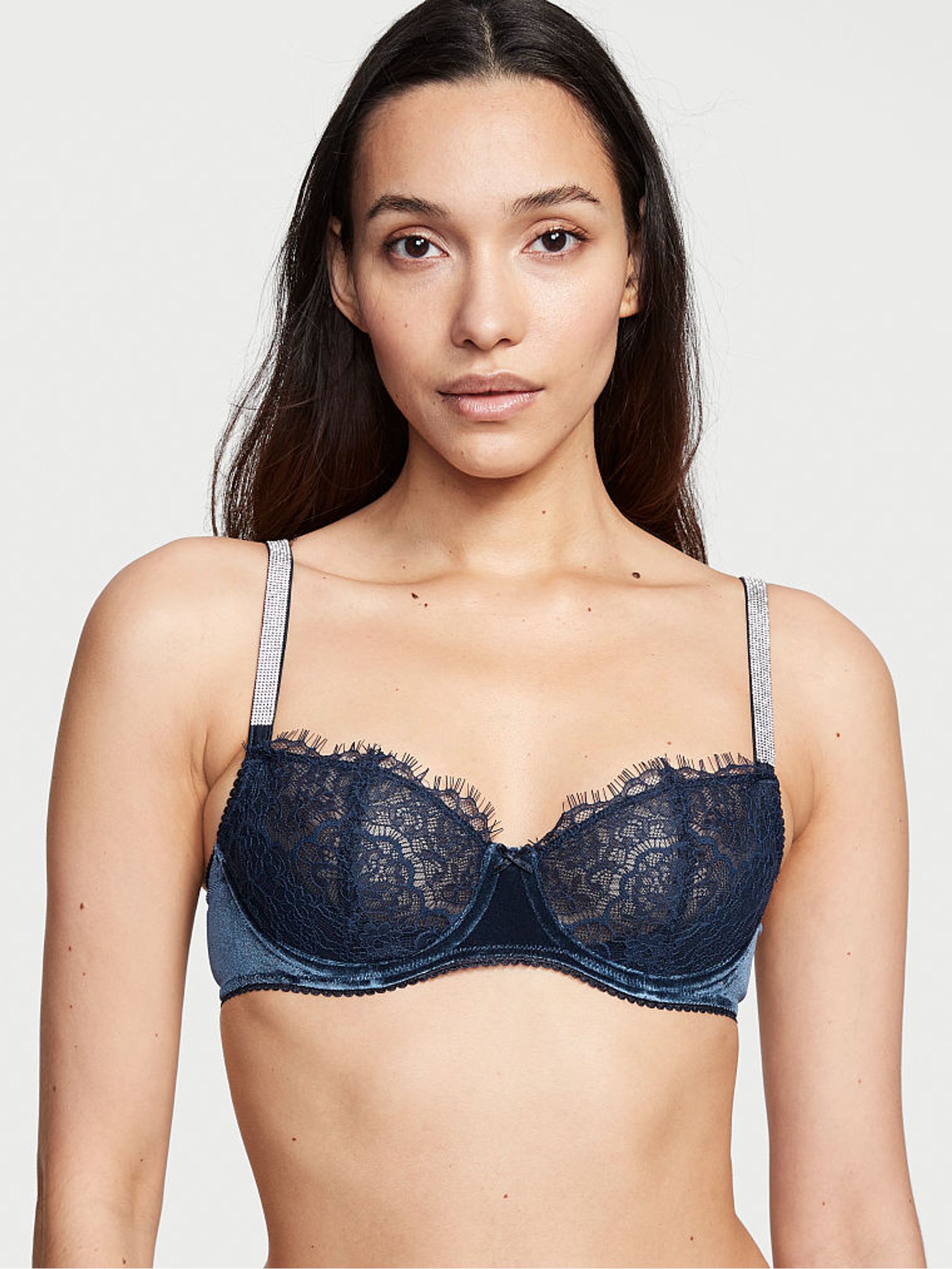 Blue Velvet Wing Lace Cup Shine Strap Balcony Bra - Image 1 of 3 Blue Velvet Wing Lace Cup Shine Strap Balcony Bra - Image 1 of 3