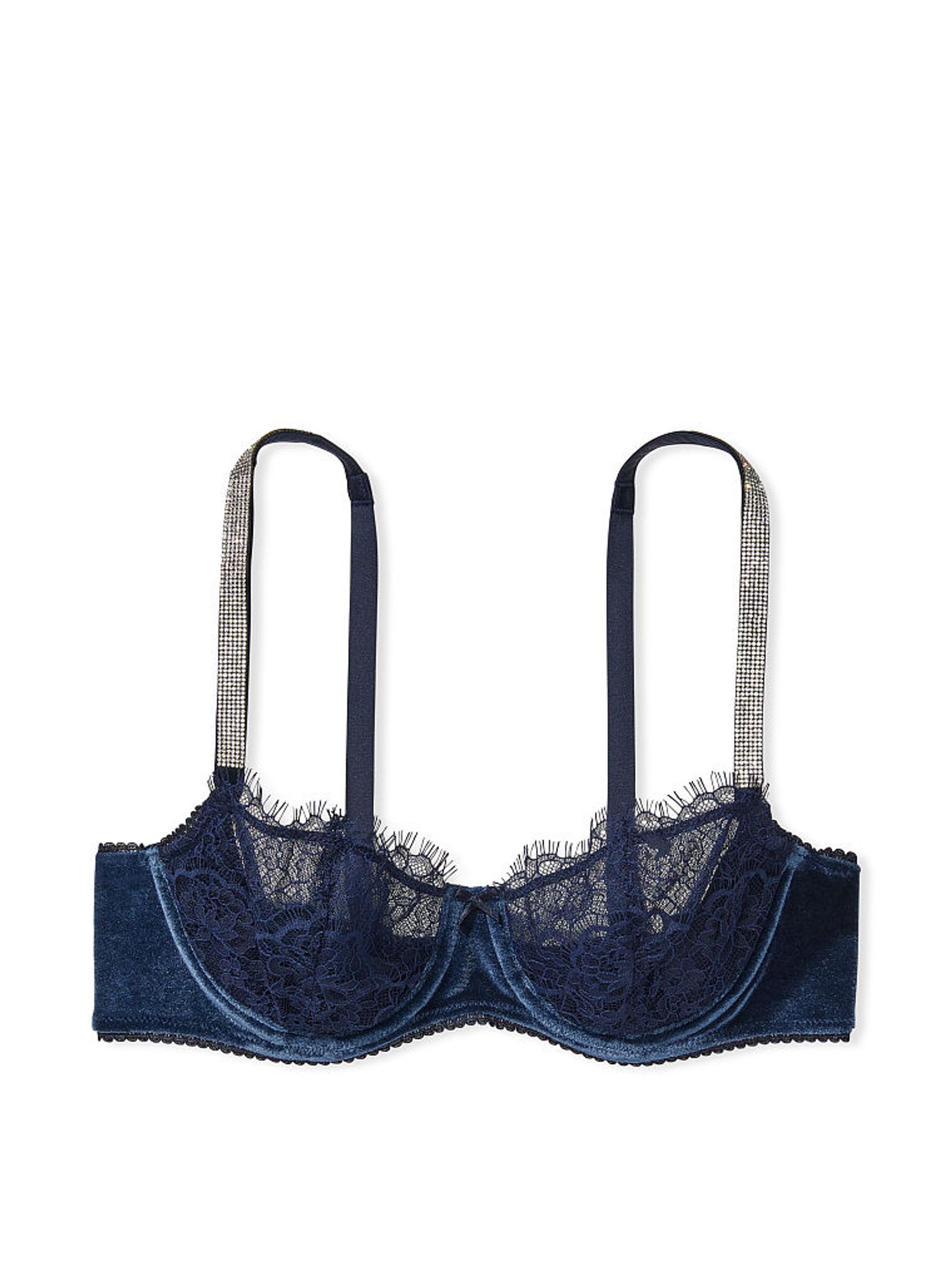 Blue Velvet Wing Lace Cup Shine Strap Balcony Bra - Image 3 of 3