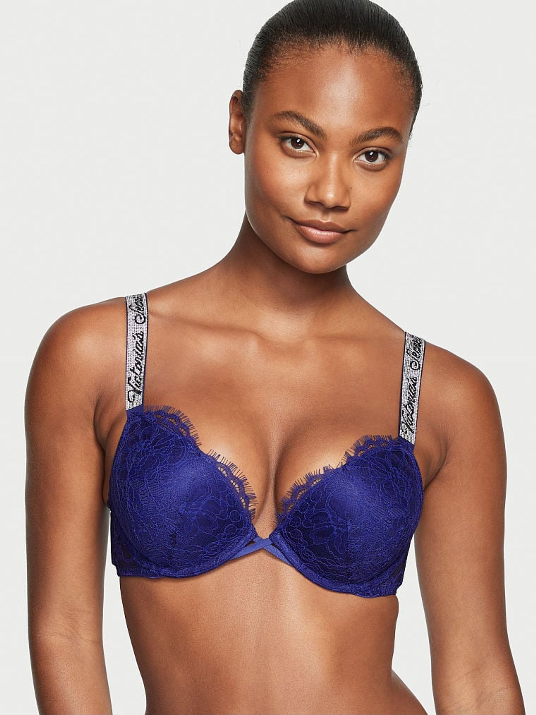 Night Ocean Blue Lace Shine Strap Add 2 Cups Push Up Bombshell Bra - Image 1 of 3