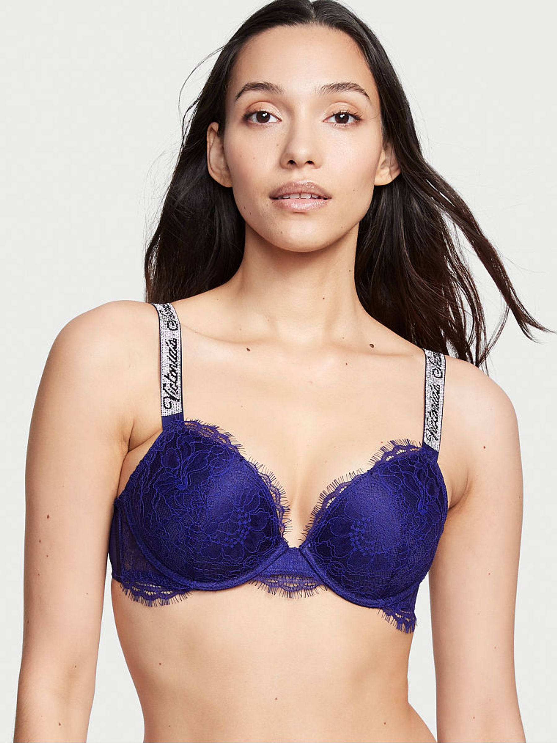 Night Ocean Blue Lace Shine Strap Push Up Bra - Image 1 of 4