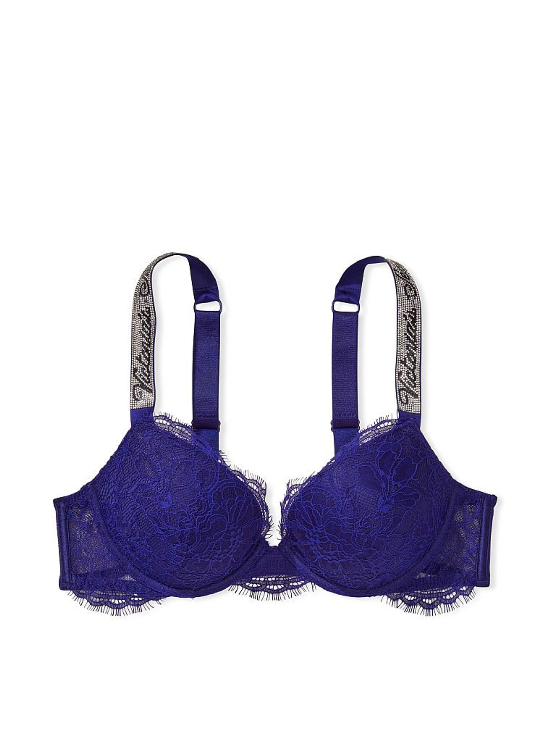Night Ocean Blue Lace Shine Strap Push Up Bra - Image 4 of 4