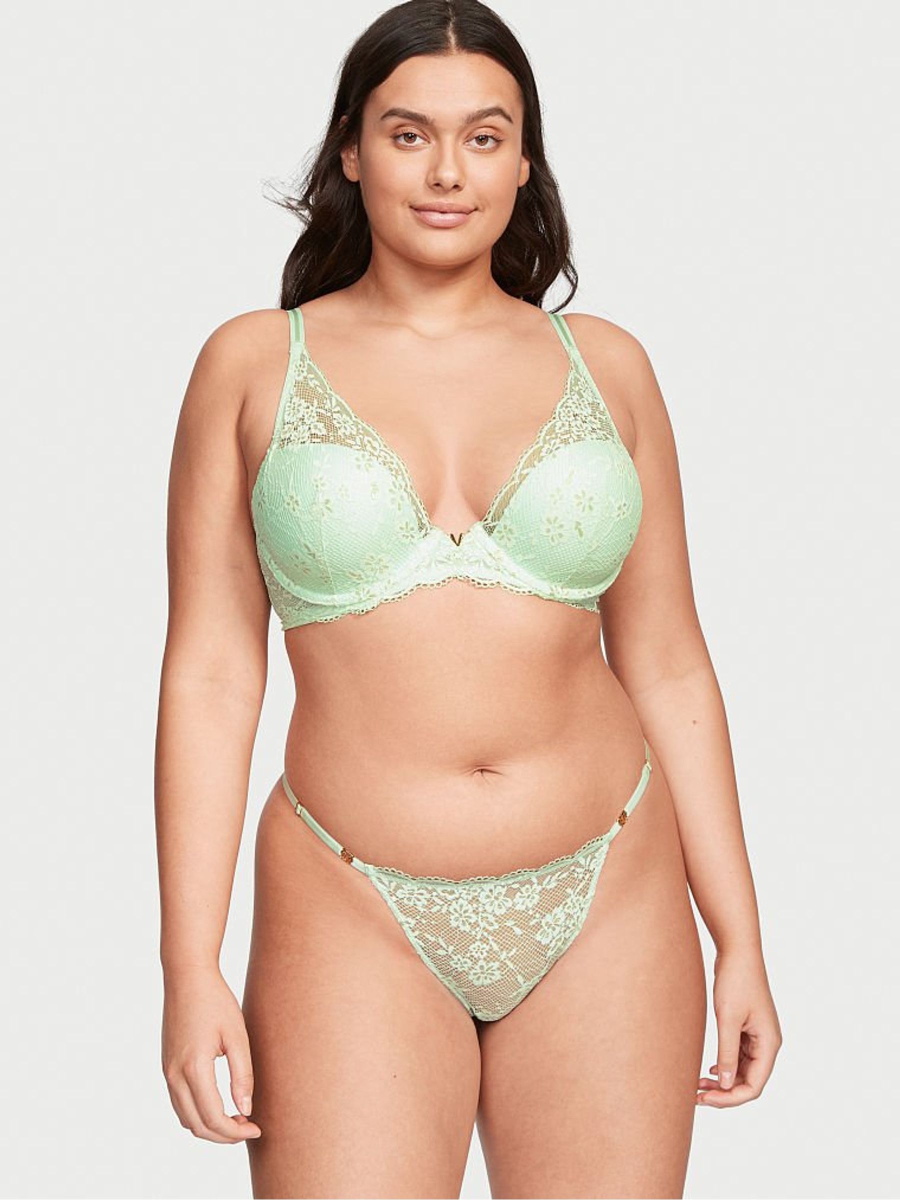 Misty Jade Green Lace Lightly Lined Plunge Half Pad Bra - Image 1 of 3