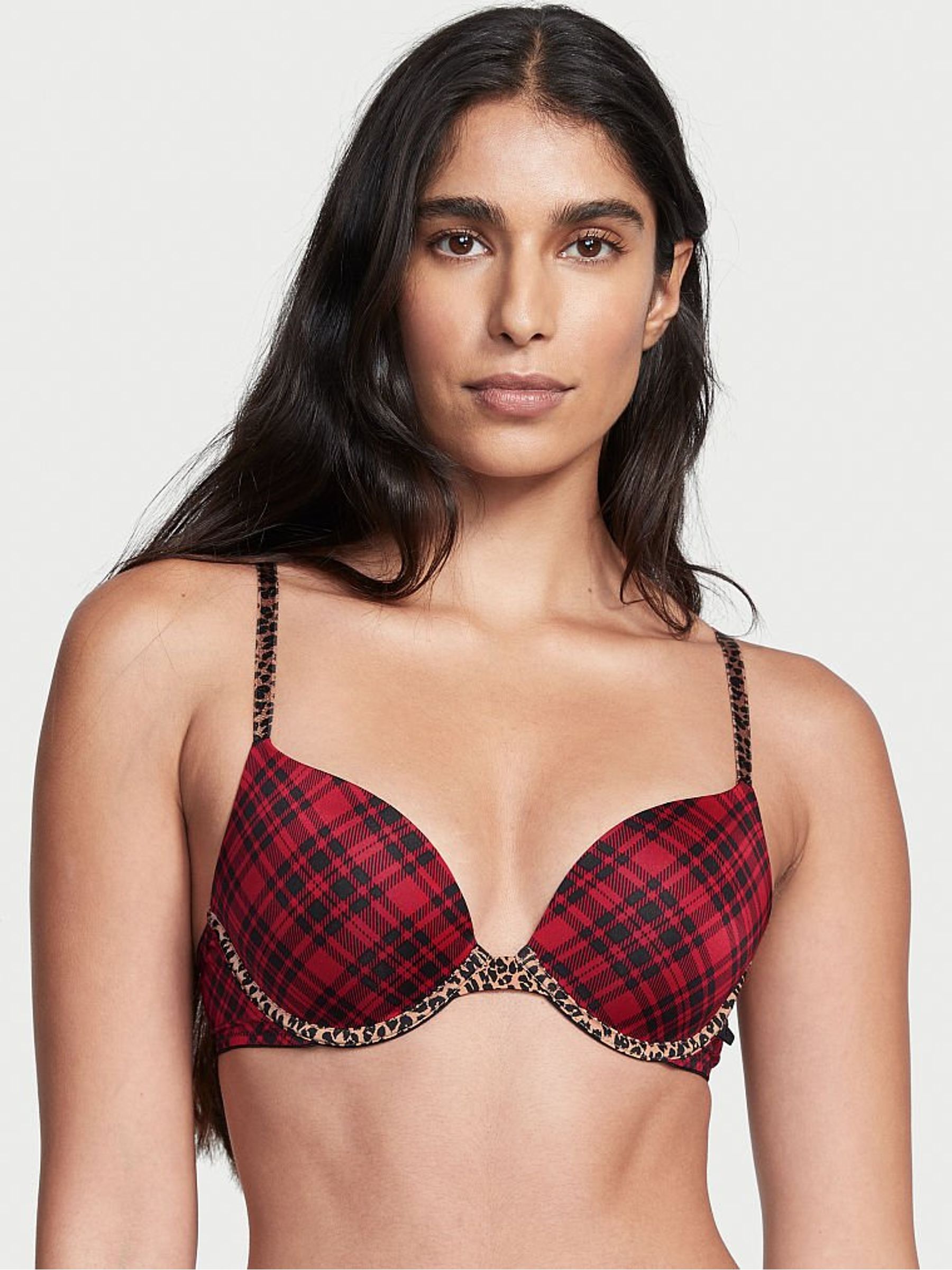 Red Simple Plaid with Leopard Sexy Tee Push Up Bra - Image 1 of 4