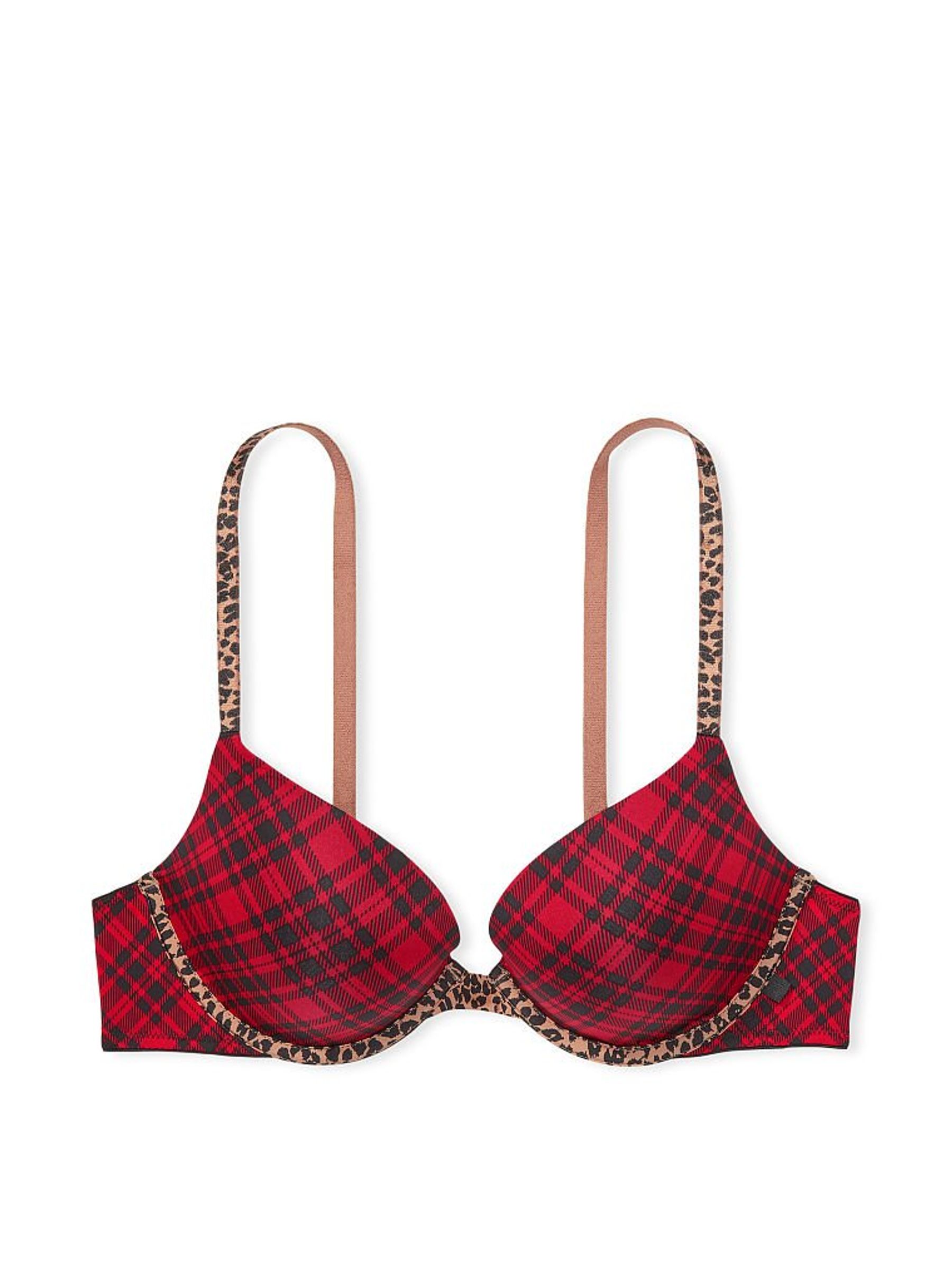 Red Simple Plaid with Leopard Sexy Tee Push Up Bra - Image 3 of 4