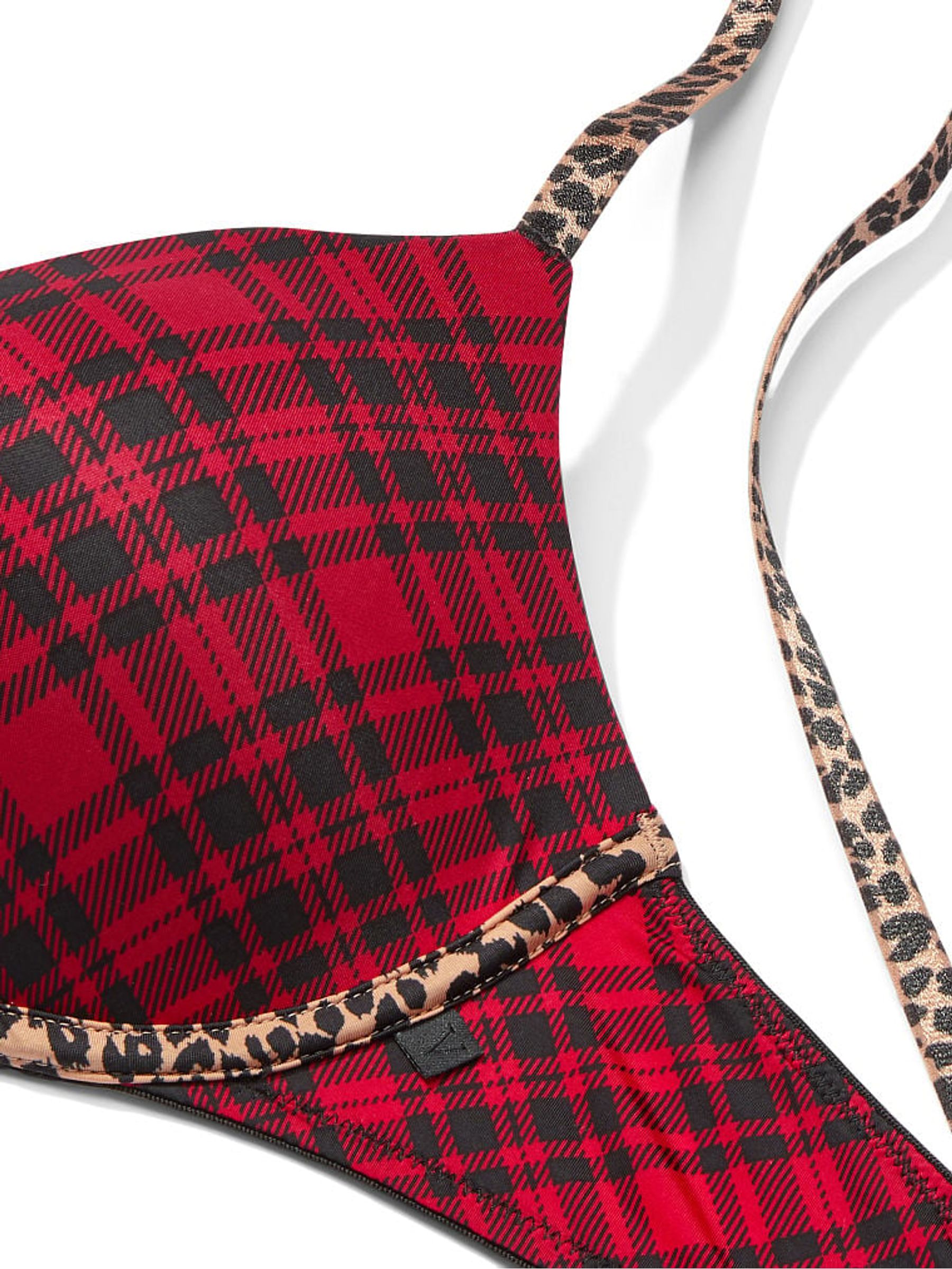 Red Simple Plaid with Leopard Sexy Tee Push Up Bra - Image 4 of 4