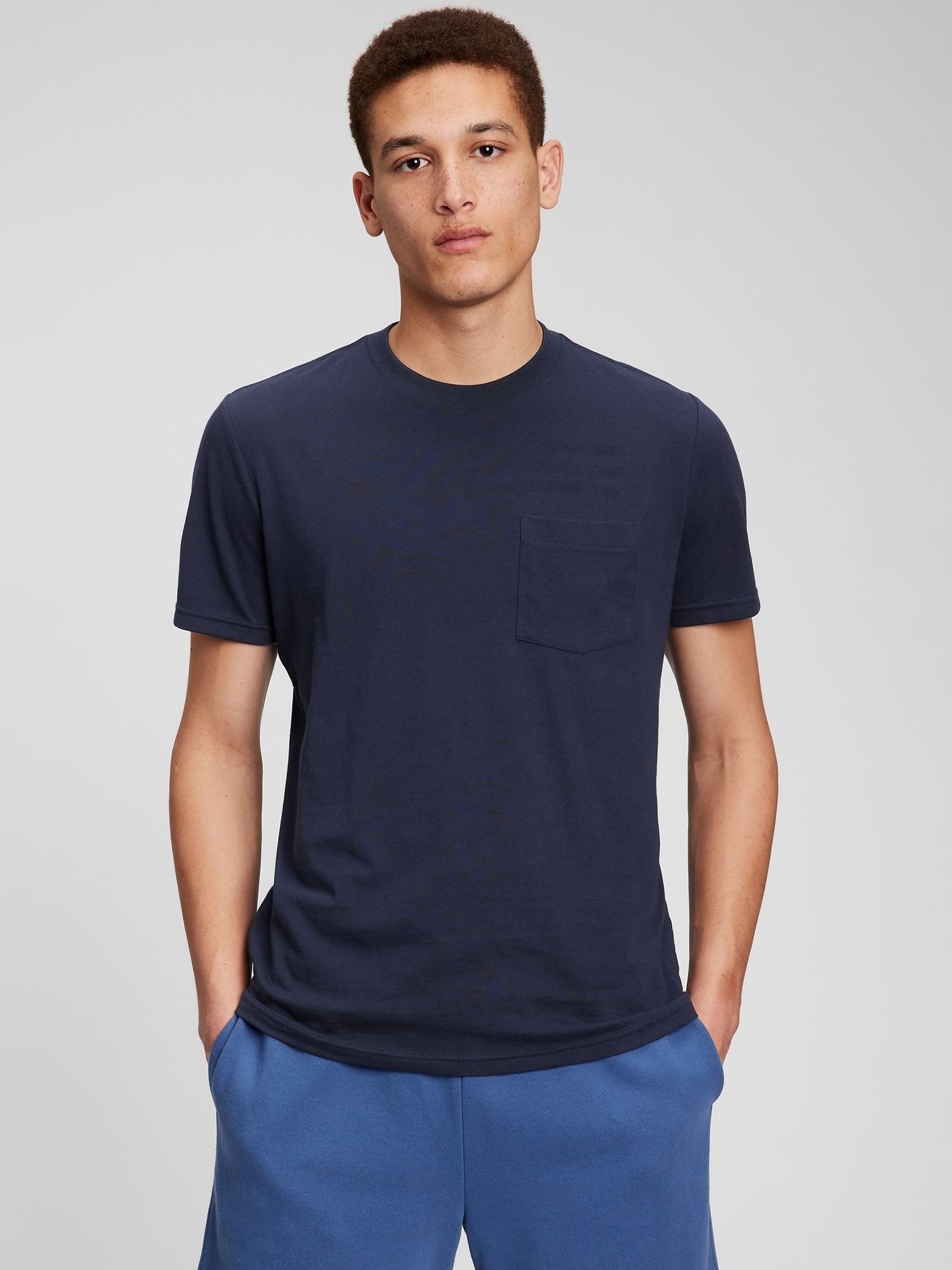 Navy Blue Organic Cotton Short Sleeve Pocket Crew Neck T-Shirt - Image 1 of 3