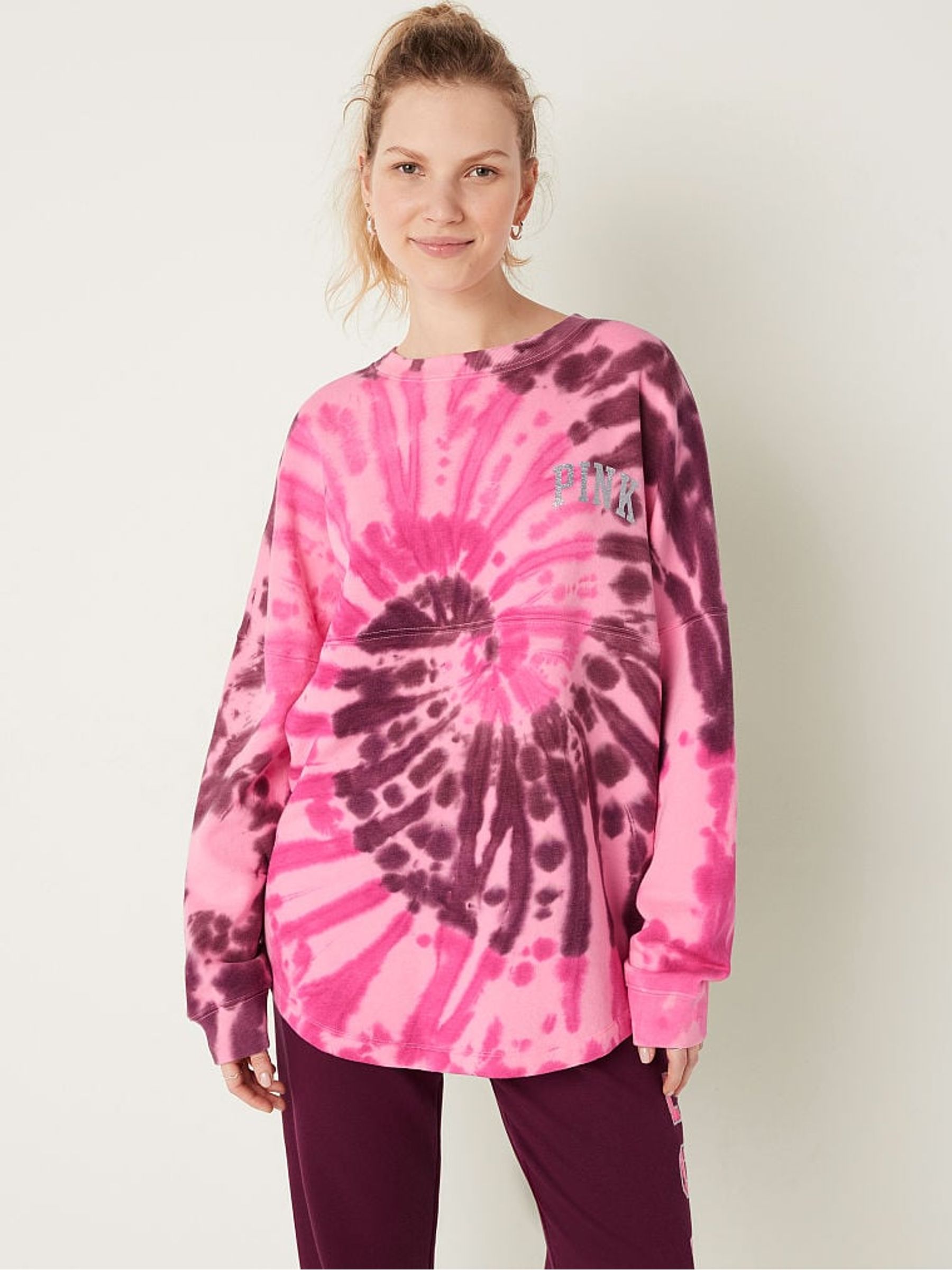 Pink Spiral Tie Dye Shine Fleece Long Sleeve Oversized Sweatshirt - Image 1 of 5