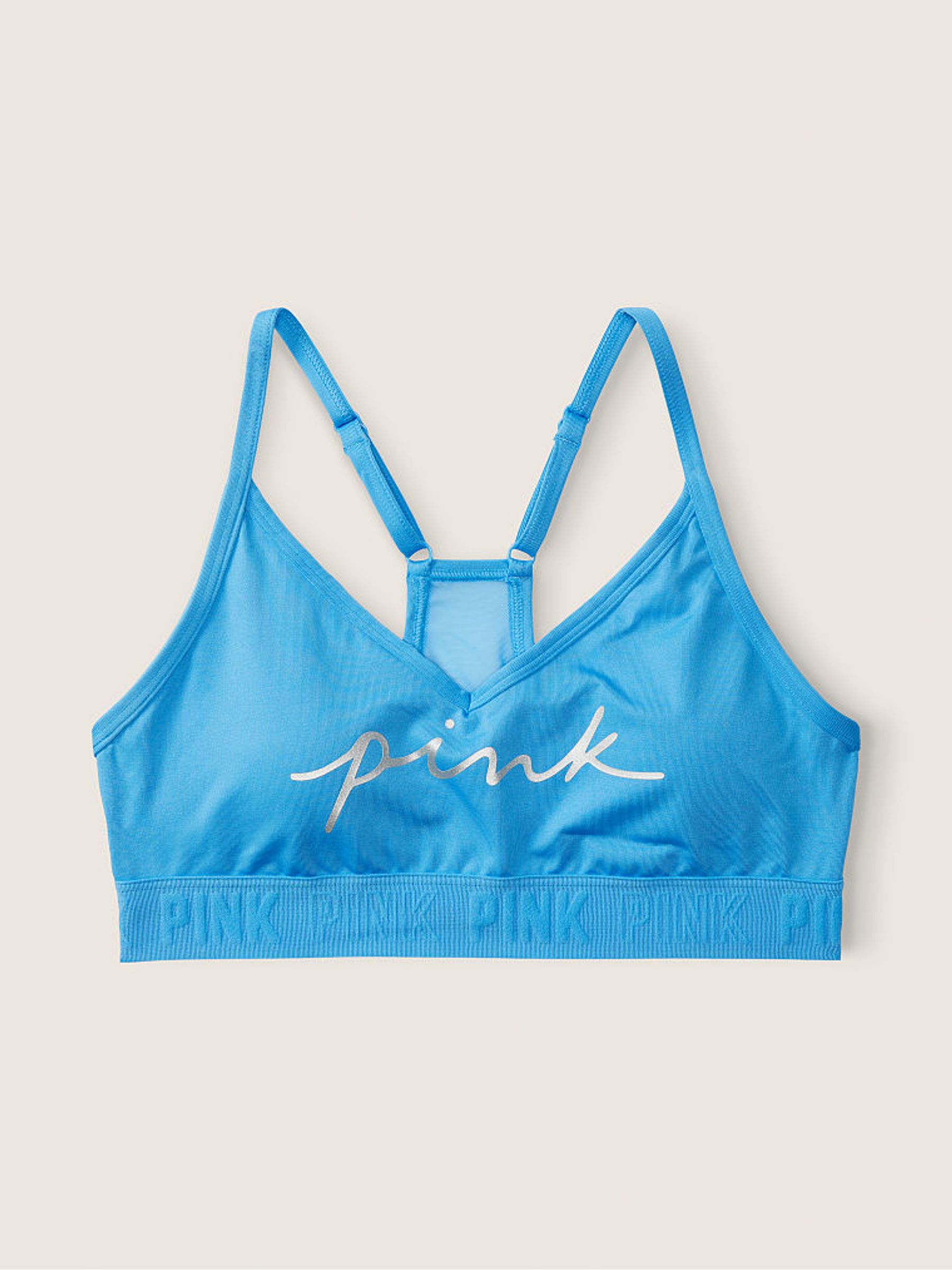 Azure Sky Blue Foil Script Logo Lightly Lined Low Impact Sports Bra - Image 4 of 4