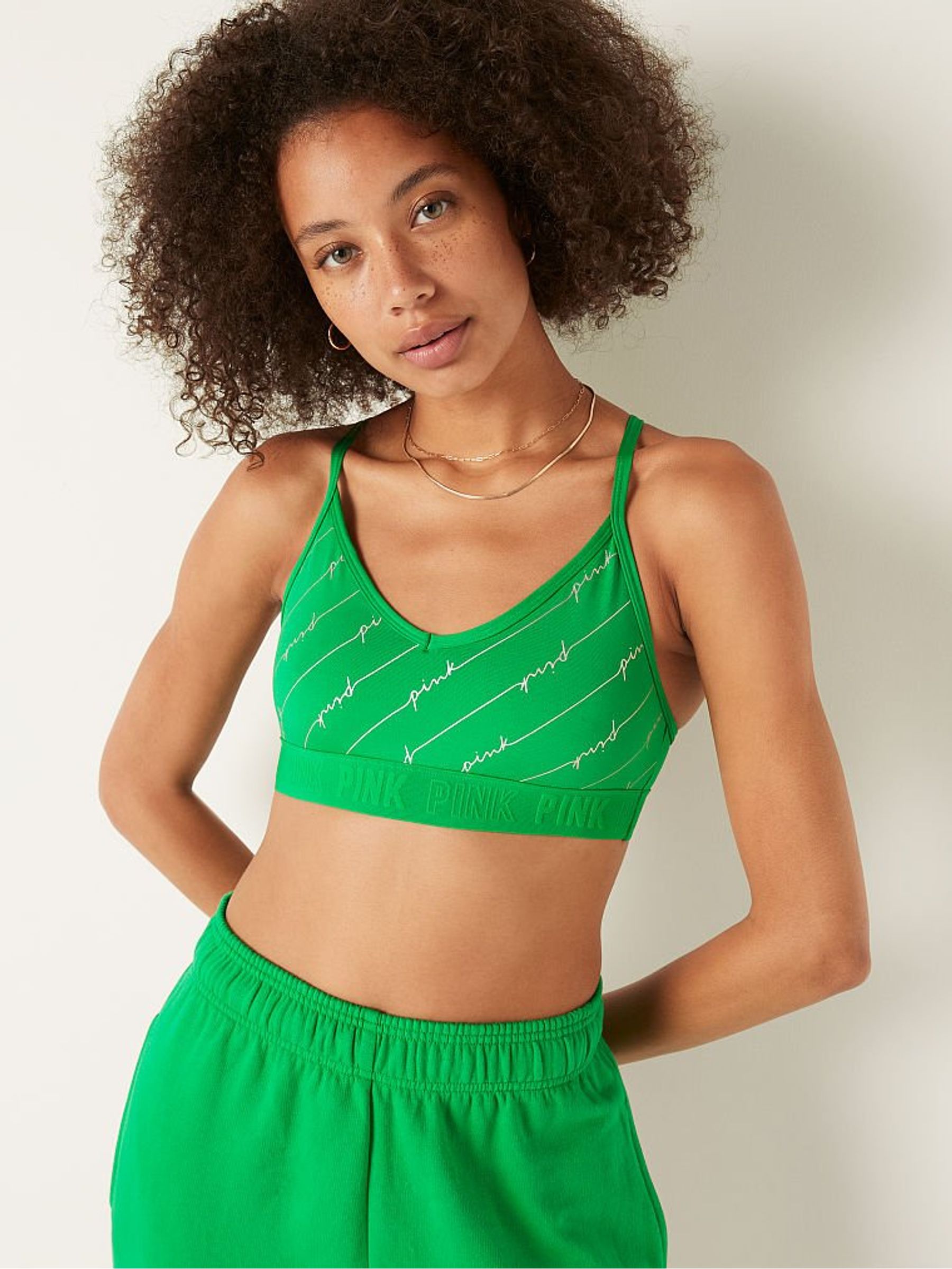 Happy Camper Green Foil Logo Lightly Lined Low Impact Sports Bra - Image 1 of 4