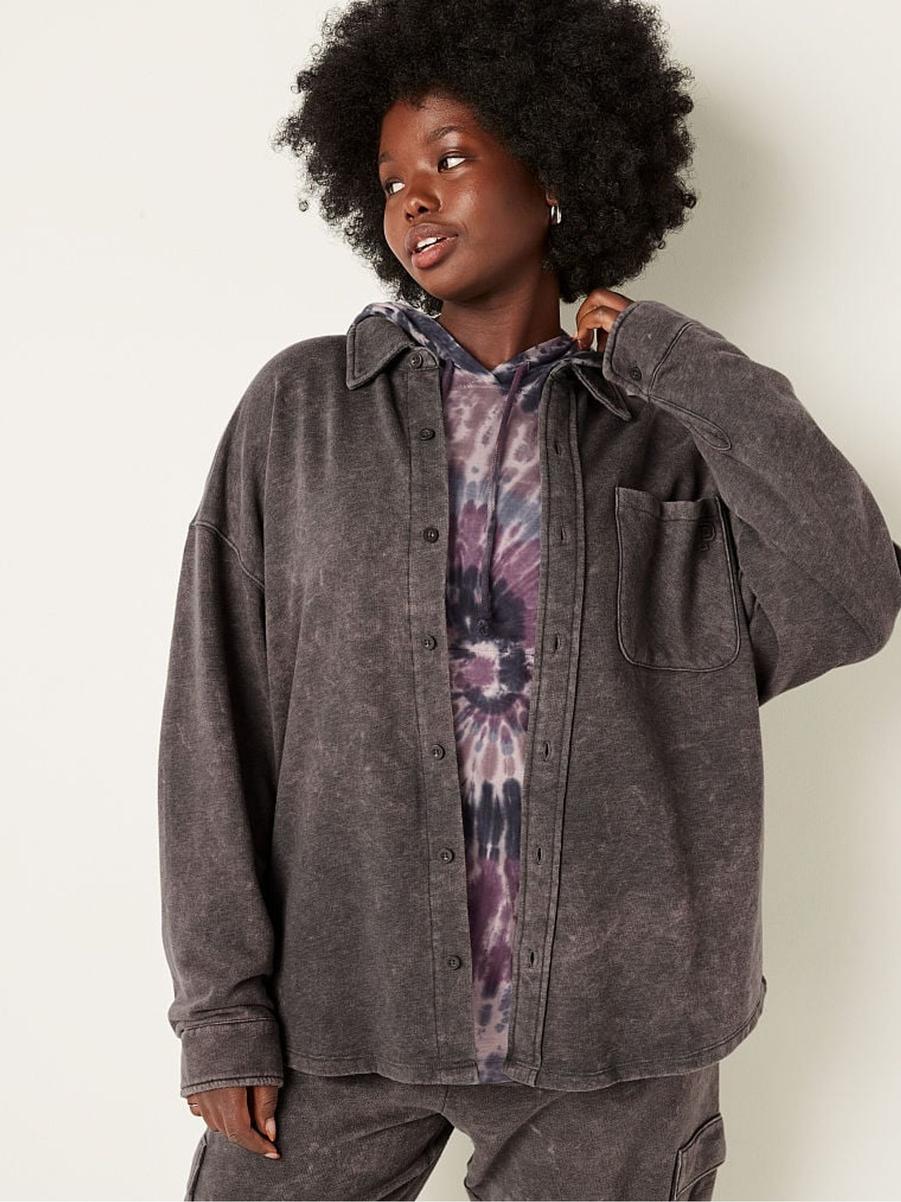 Dark Charcoal Grey Fleece Shirt Jacket - Image 1 of 5