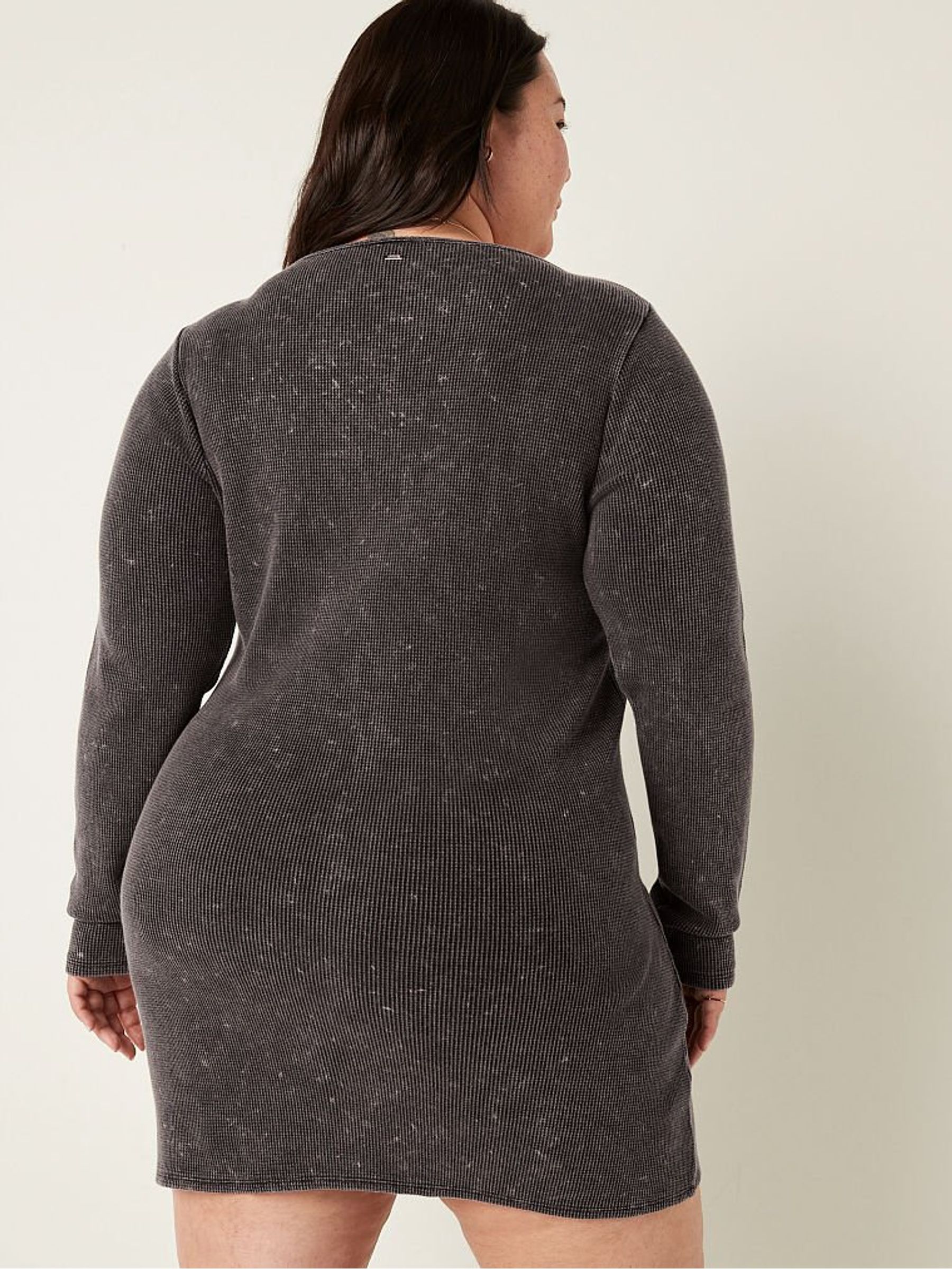 Black Washed Thermal Long Sleeve Henley Dress - Image 2 of 4