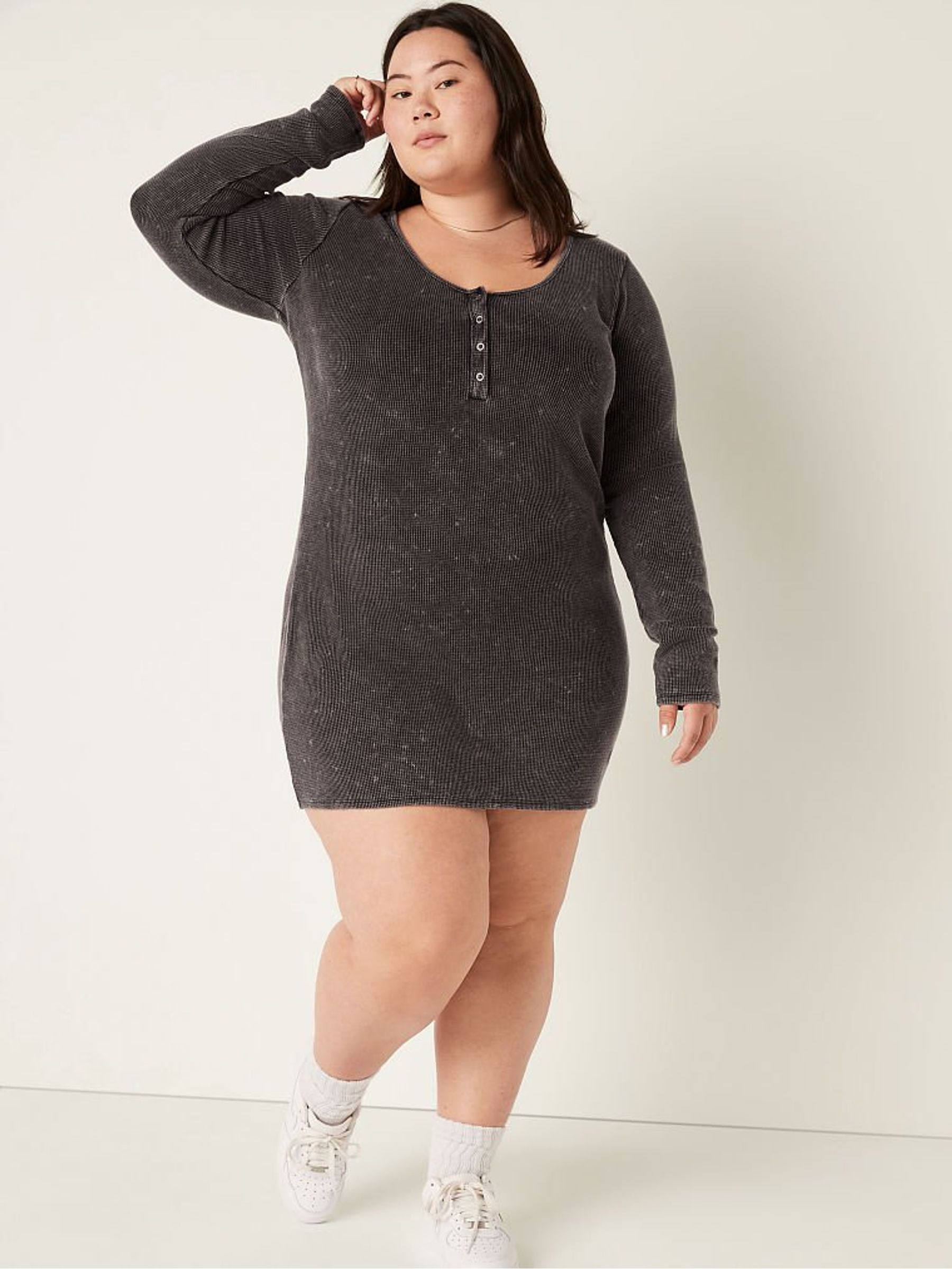 Black Washed Thermal Long Sleeve Henley Dress - Image 3 of 4