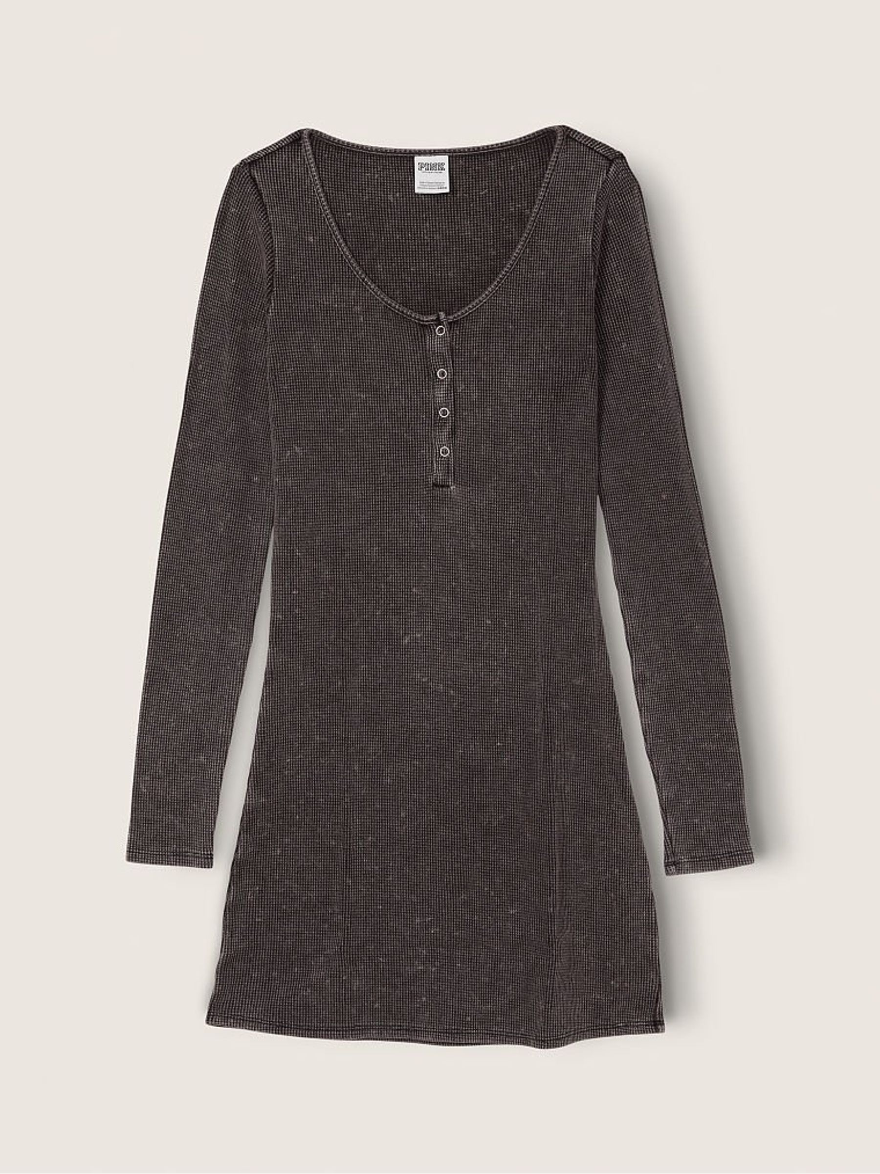 Black Washed Thermal Long Sleeve Henley Dress - Image 4 of 4