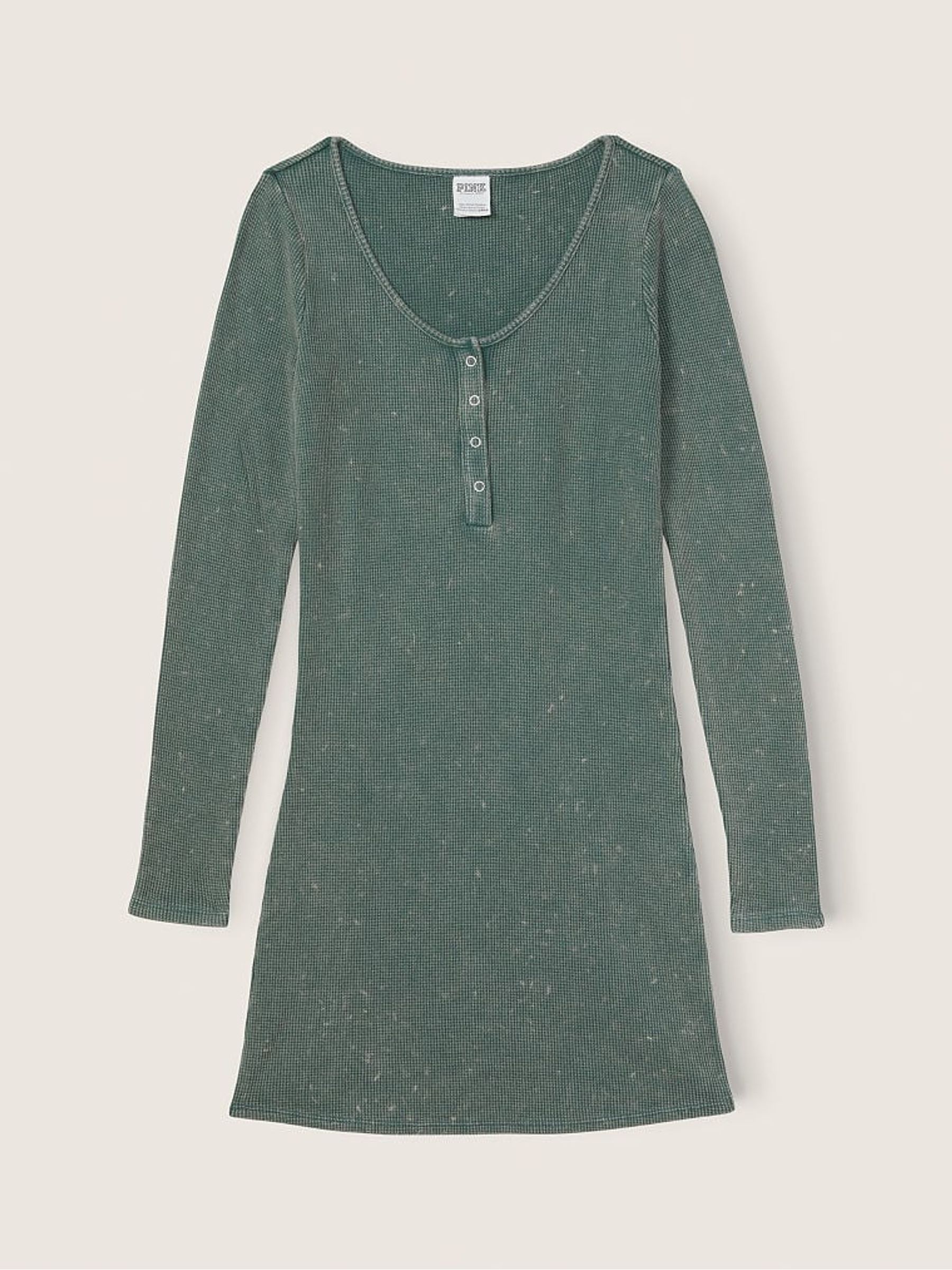 Green Wash Thermal Long Sleeve Henley Dress - Image 4 of 4 Green Wash Thermal Long Sleeve Henley Dress - Image 4 of 4