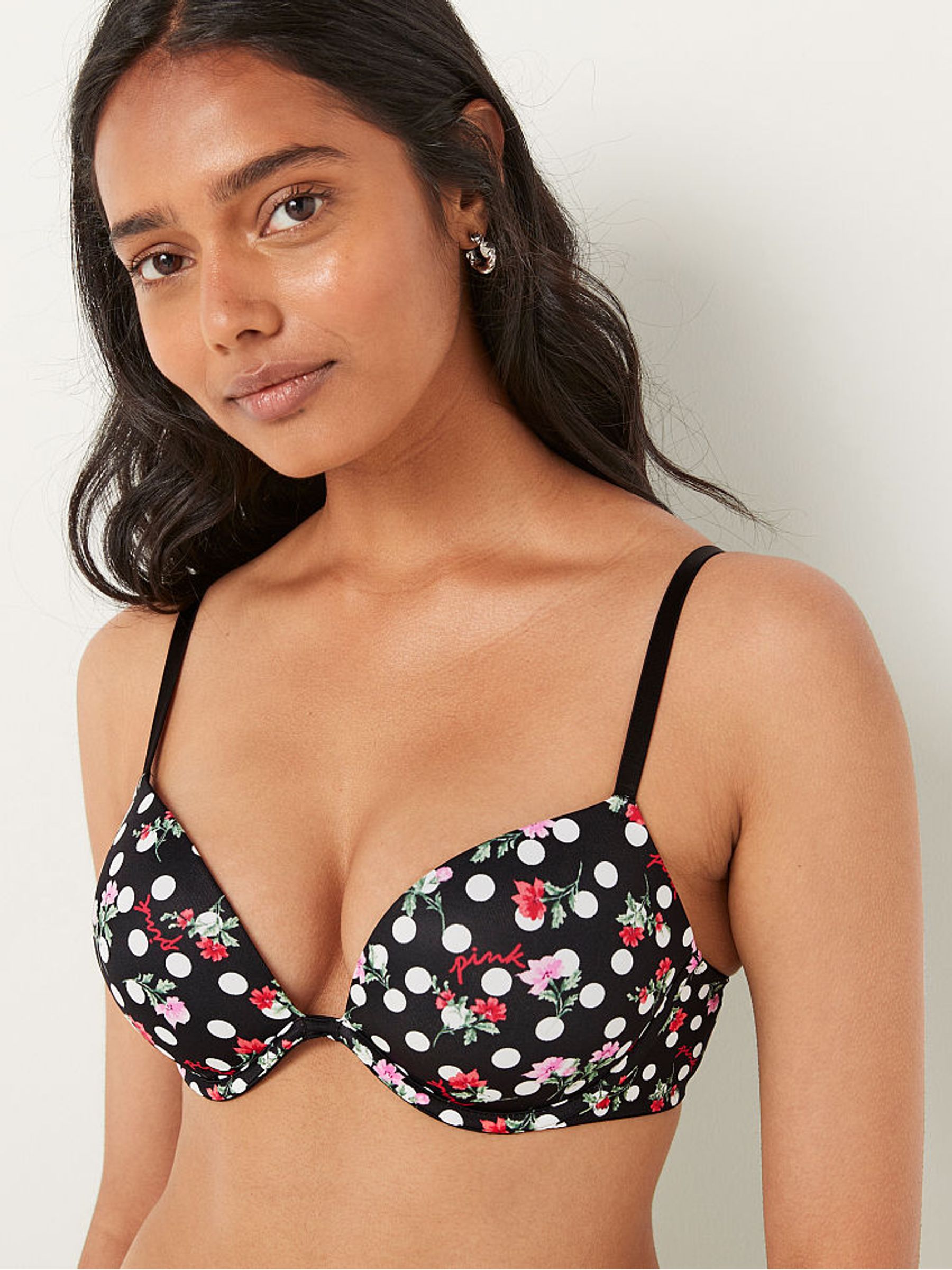 Pure Black Floral Dot Smooth Non Wired Push Up T-Shirt Bra - Image 1 of 5